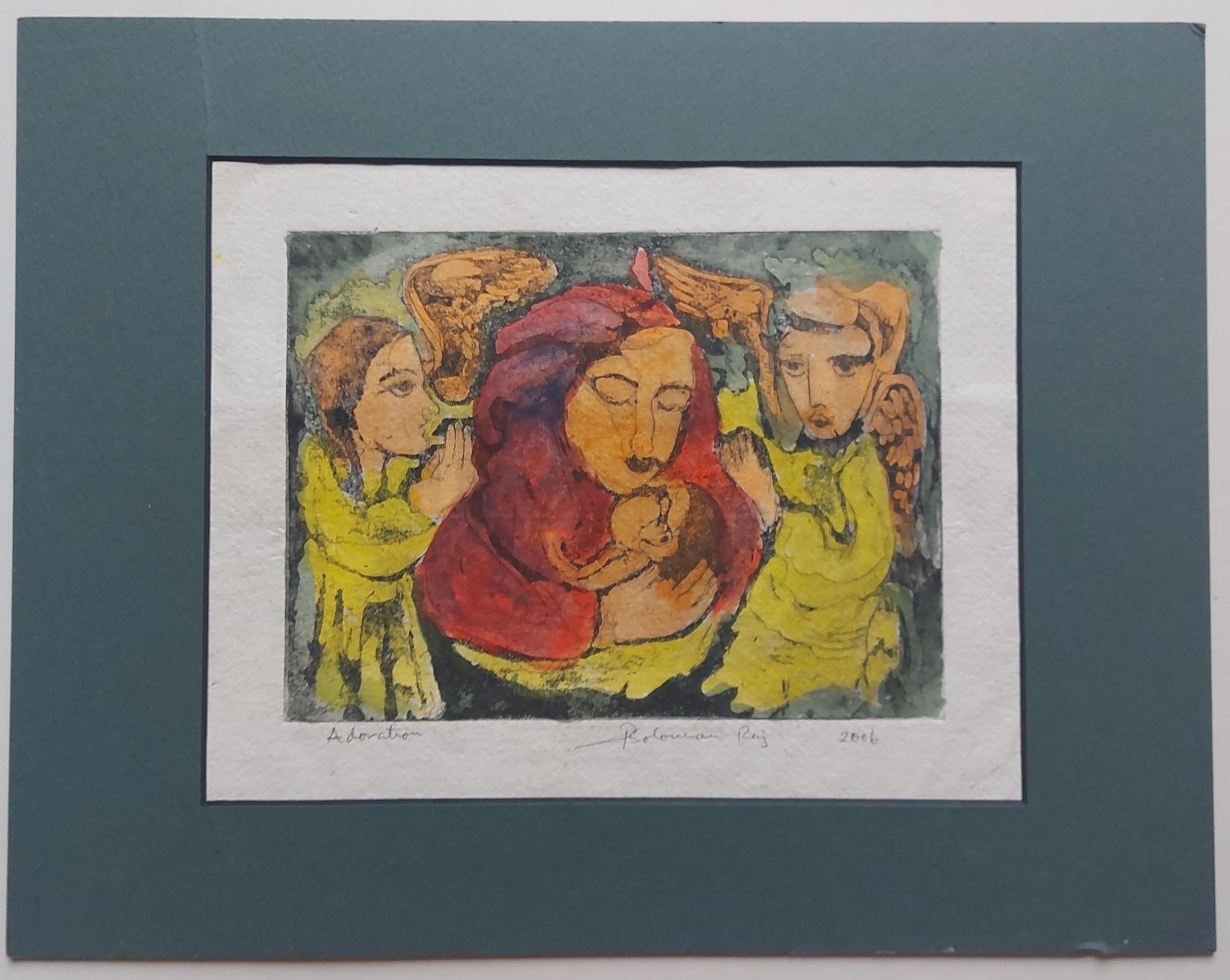 Arte Indio Moderno Adoración Madre Hijo Acuarela Pintura India en venta 7