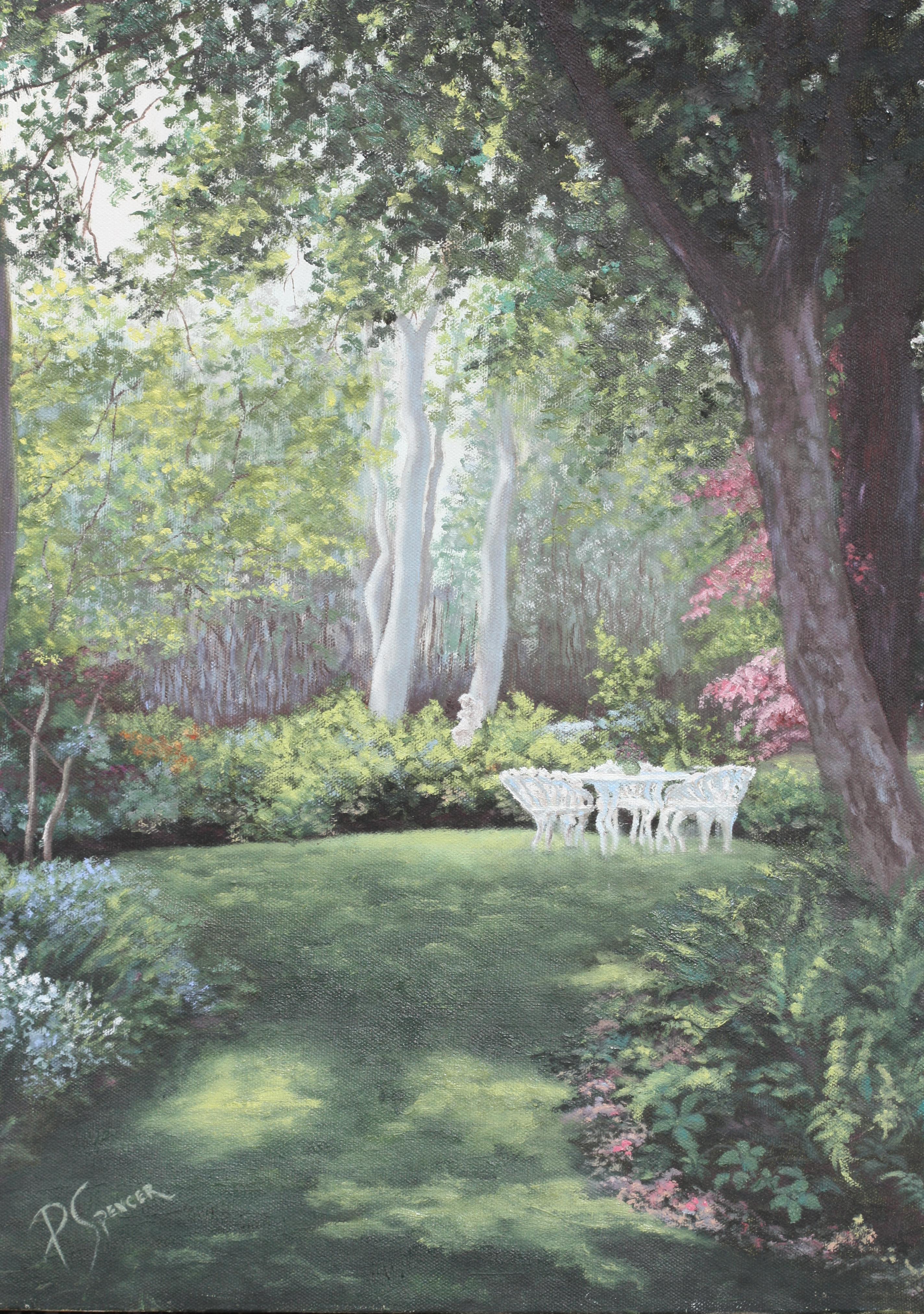 P. Spencer, (estadounidense, siglo XX) Paisaje de patio trasero en venta 1