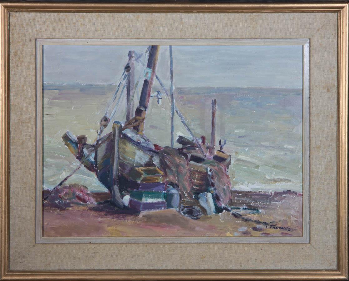 An accomplished oil painting by P. Thomas, depicting a moored boat in impressionistic brushstrokes. Signed to the lower right-hand corner. Presented in a wooden slip and in a gilt effect frame with fabric inner detail. On board.
