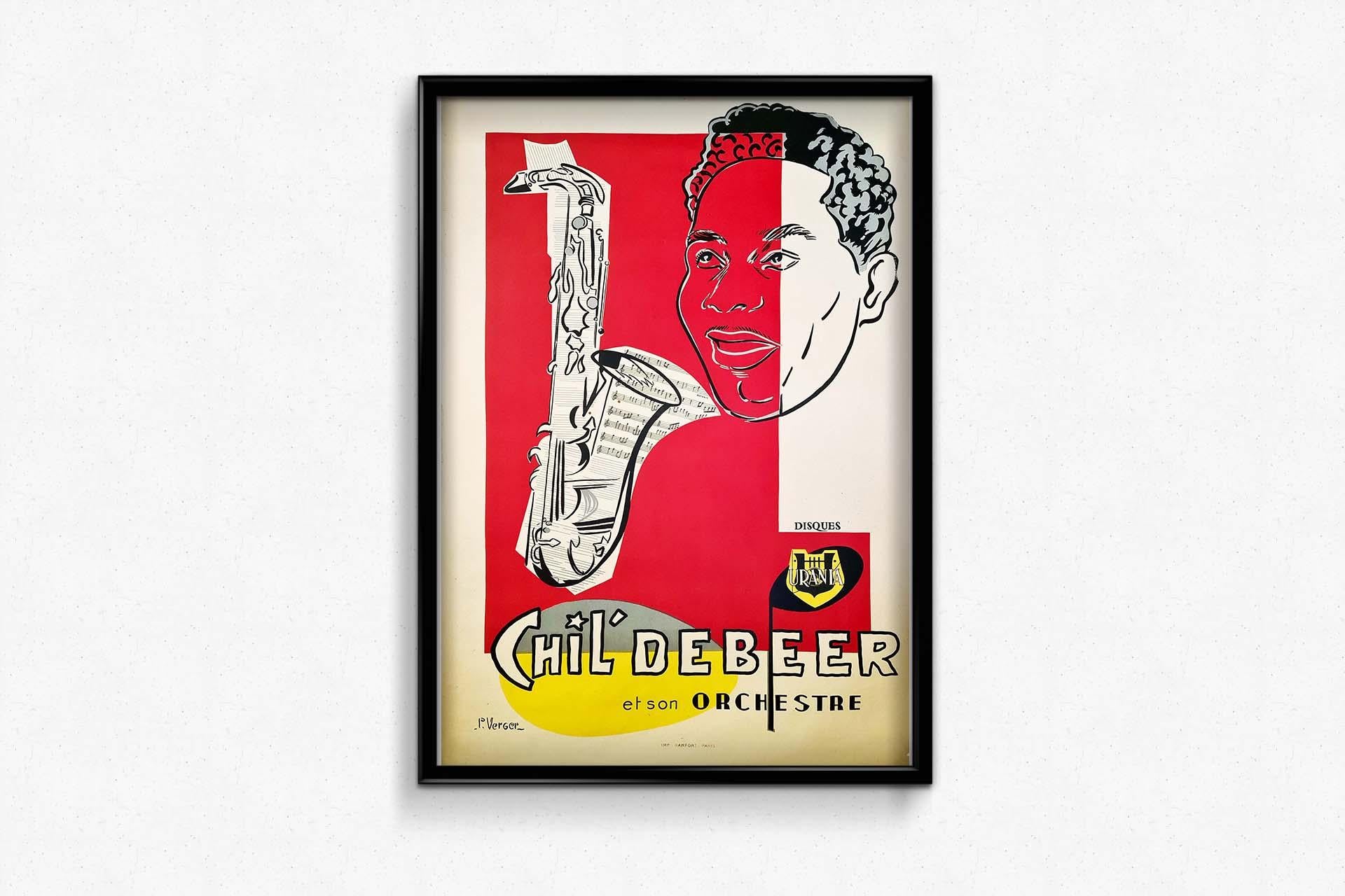 Jazz-Poster aus den 40er Jahren für Chil' Debeer und sein Orchester, signiert von P. Verger im Angebot 2