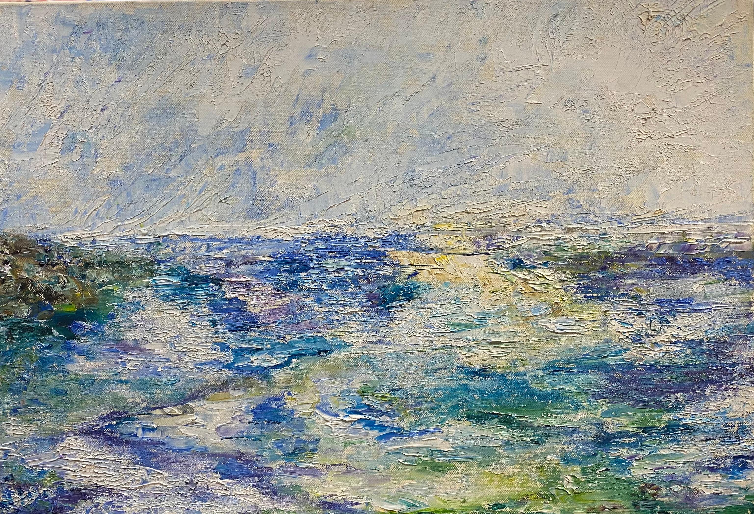 Peinture à l'huile d'origine de l'expressionniste français du 20ème siècle - Paysage bleu et violet
