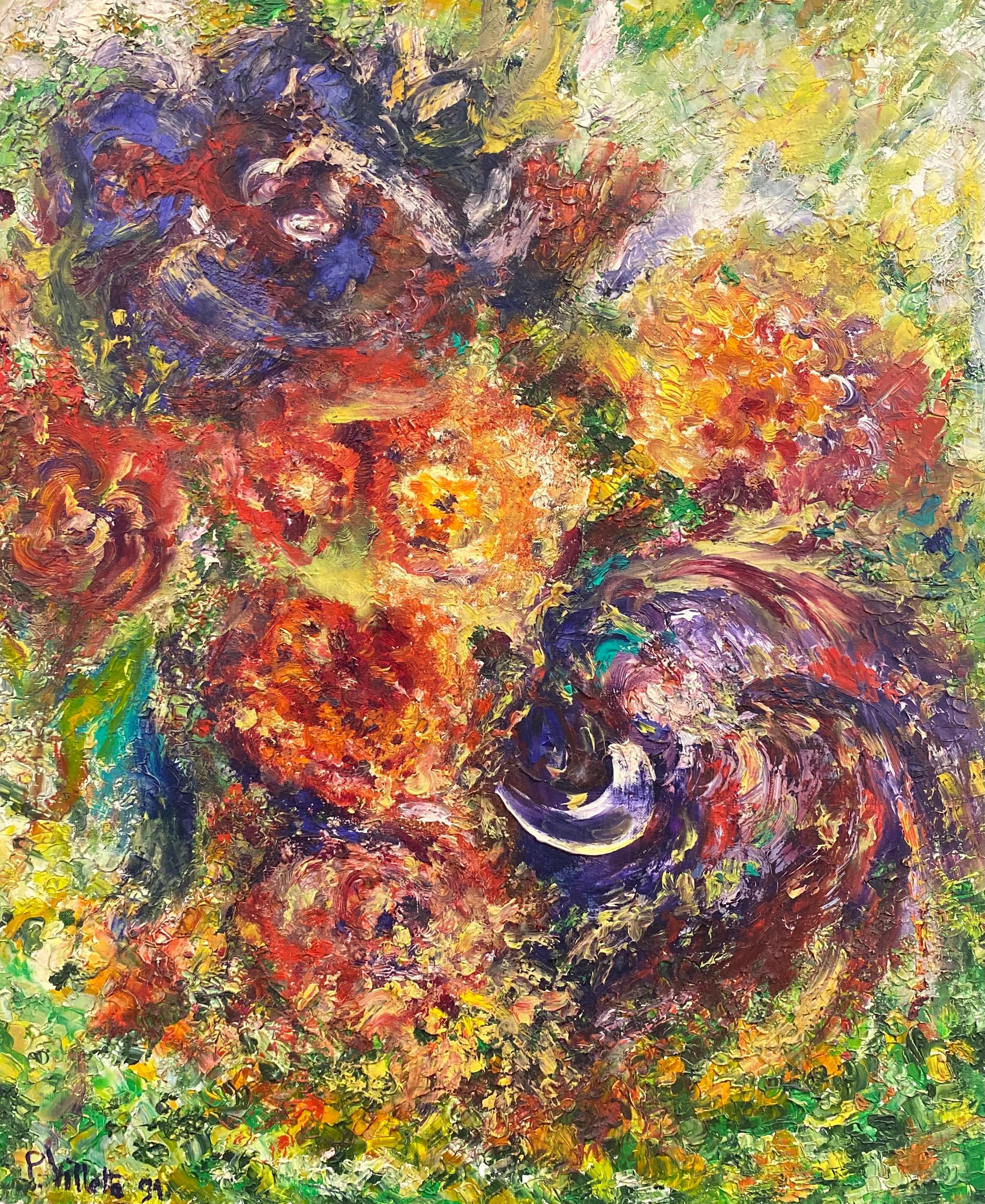 Abstract Painting P Vilette - Peinture à l'huile expressionniste française originale du 20ème siècle explosion de couleurs