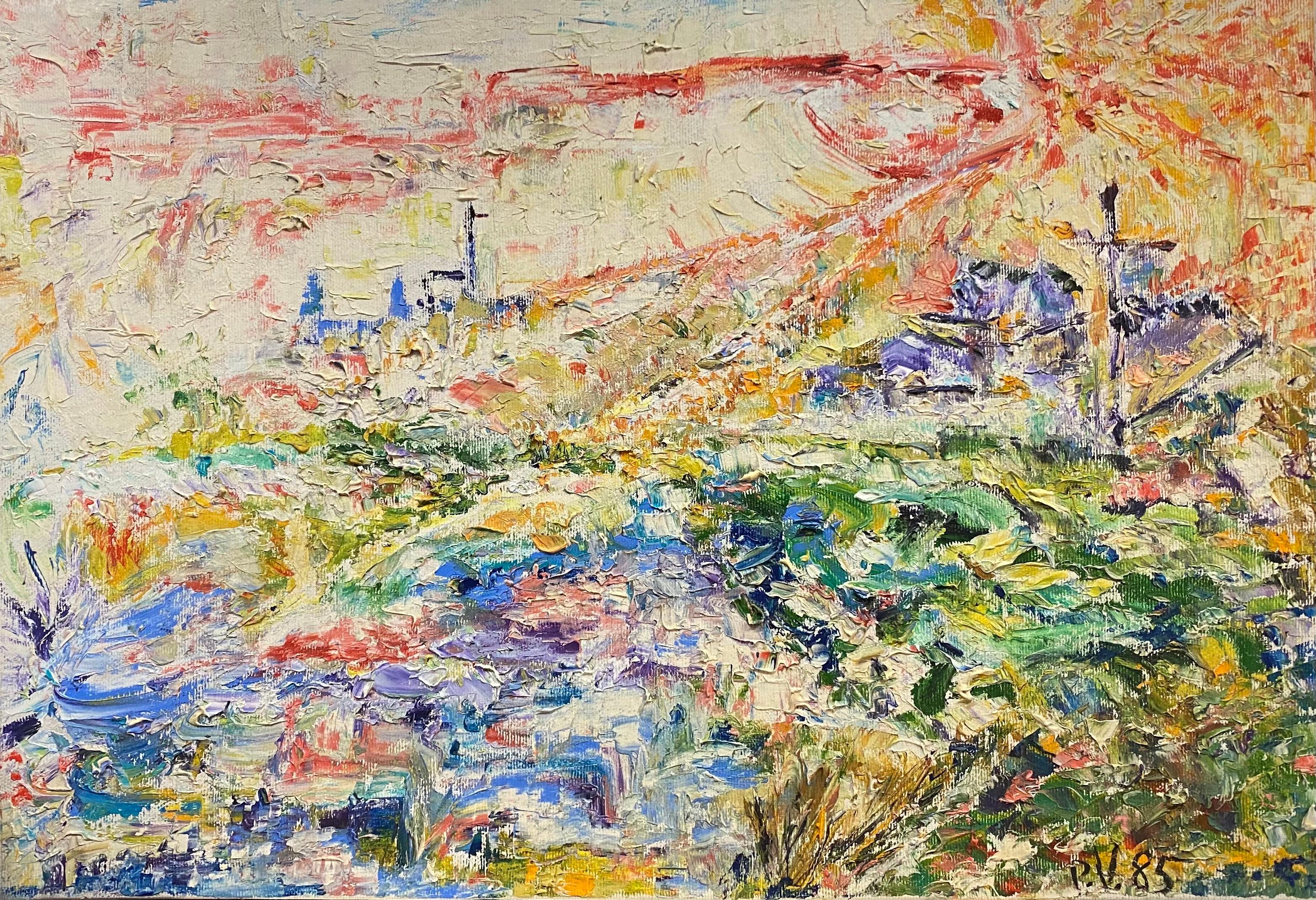 P Vilette Landscape Painting - 20th Century Original French Expressionist Oil Painting Hill Top Village