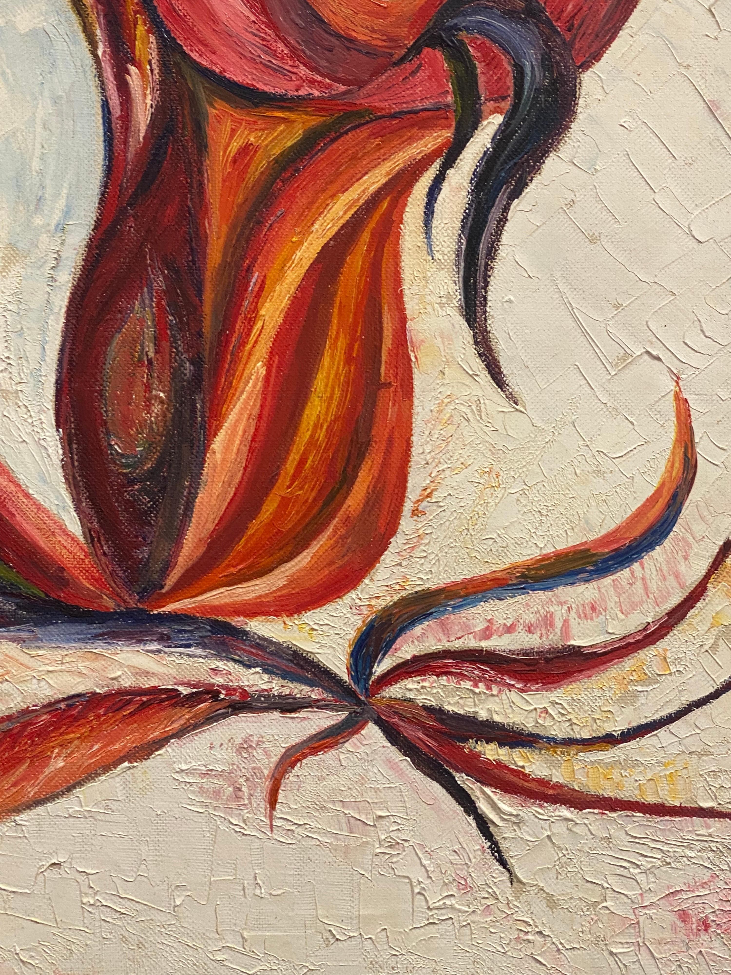 Pintura al óleo expresionista francesa original del siglo XX Flor roja vibrante - Painting Expresionismo abstracto de P Vilette