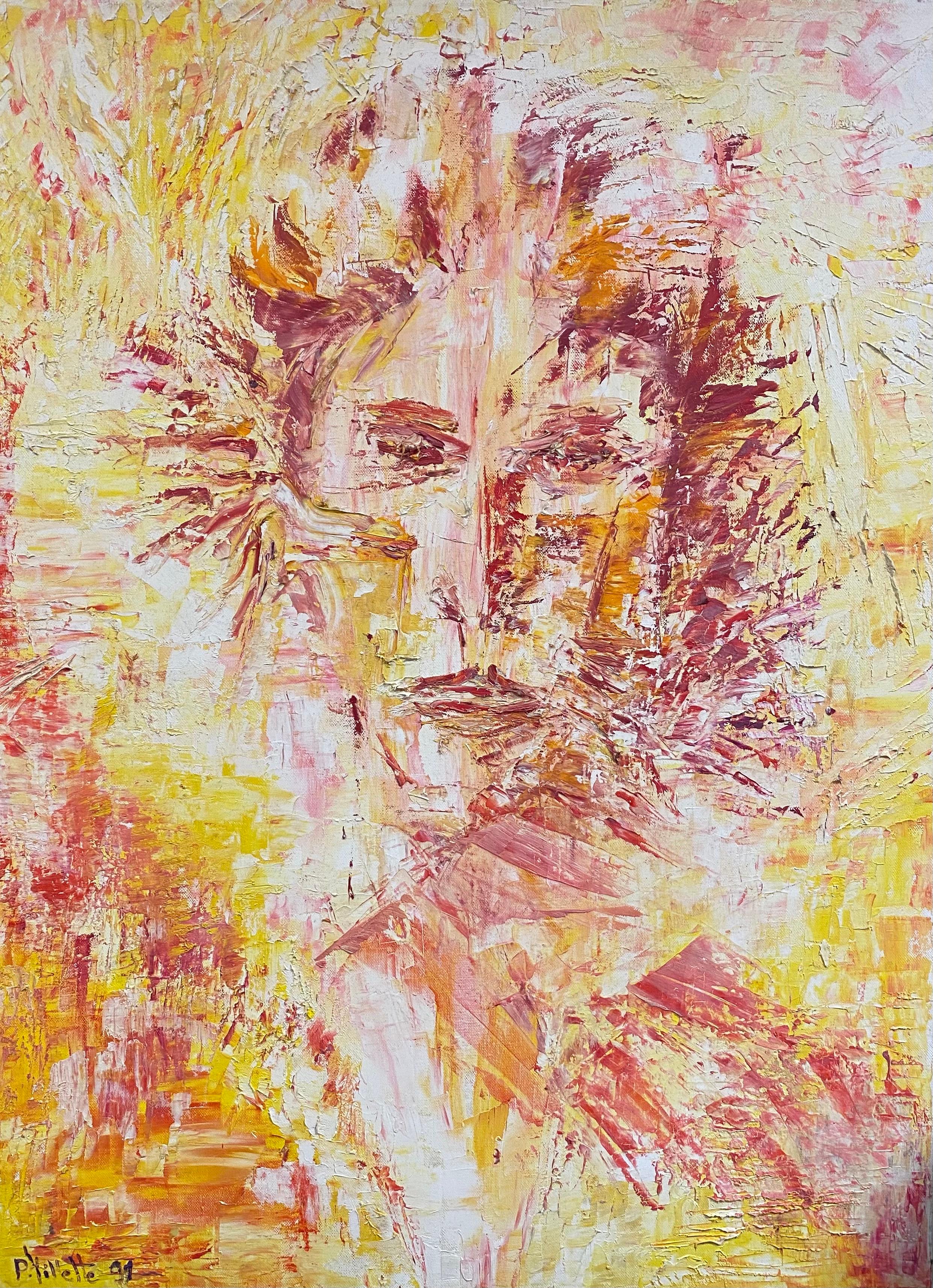 Abstract Painting P Vilette - Peinture à l'huile expressionniste française originale du 20ème siècle, signée par un expressionniste, visage abstrait