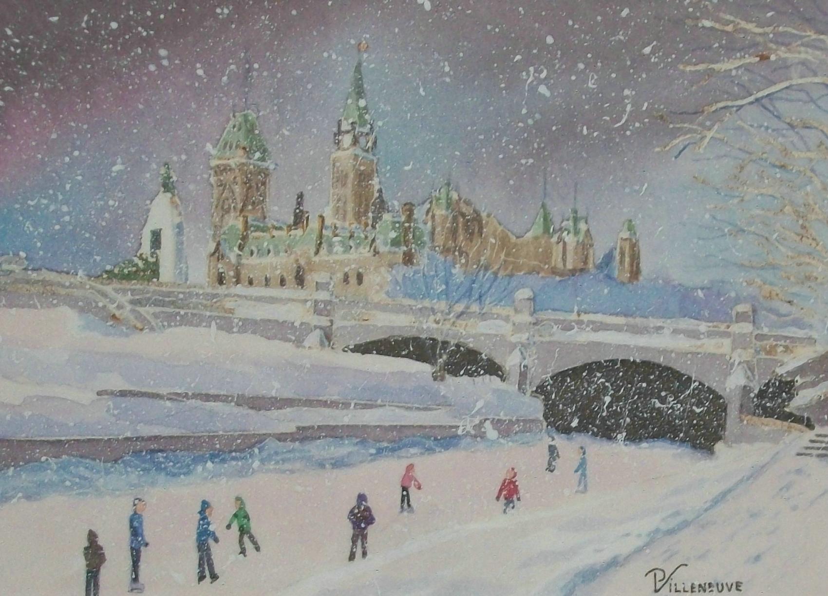 PIERRETTE VILLENEUVE (b.1944 - Aboriginal Metis Huron Wendat) - 'Les Patineurs - Canal Rideau' (The Ice Skaters - Rideau Canal) - Vintage watercolor painting on paper - original metal frame with double matte boards and glass - titled verso - signed
