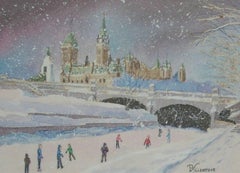 P. VILLENEUVE - 'Les Patineurs' - Framed Watercolor Painting - Canada - C.1993