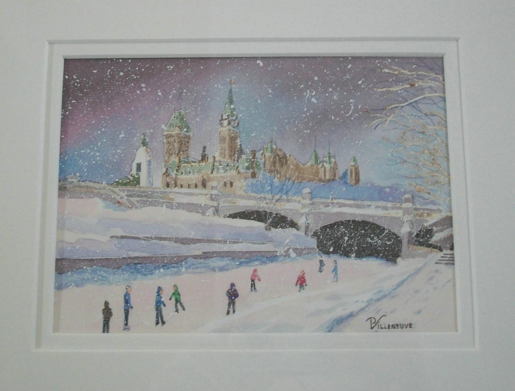 Canadese P. VILLENEUVE - 'Les Patineurs' - Acquerello incorniciato - Canada - C.1993 in vendita