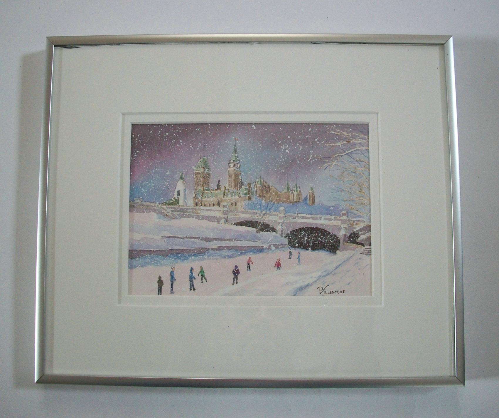 Peint à la main Peinture à l'aquarelle encadrée « Les Patineurs » de P. VILLENEUVE, Canada, vers 1993 en vente