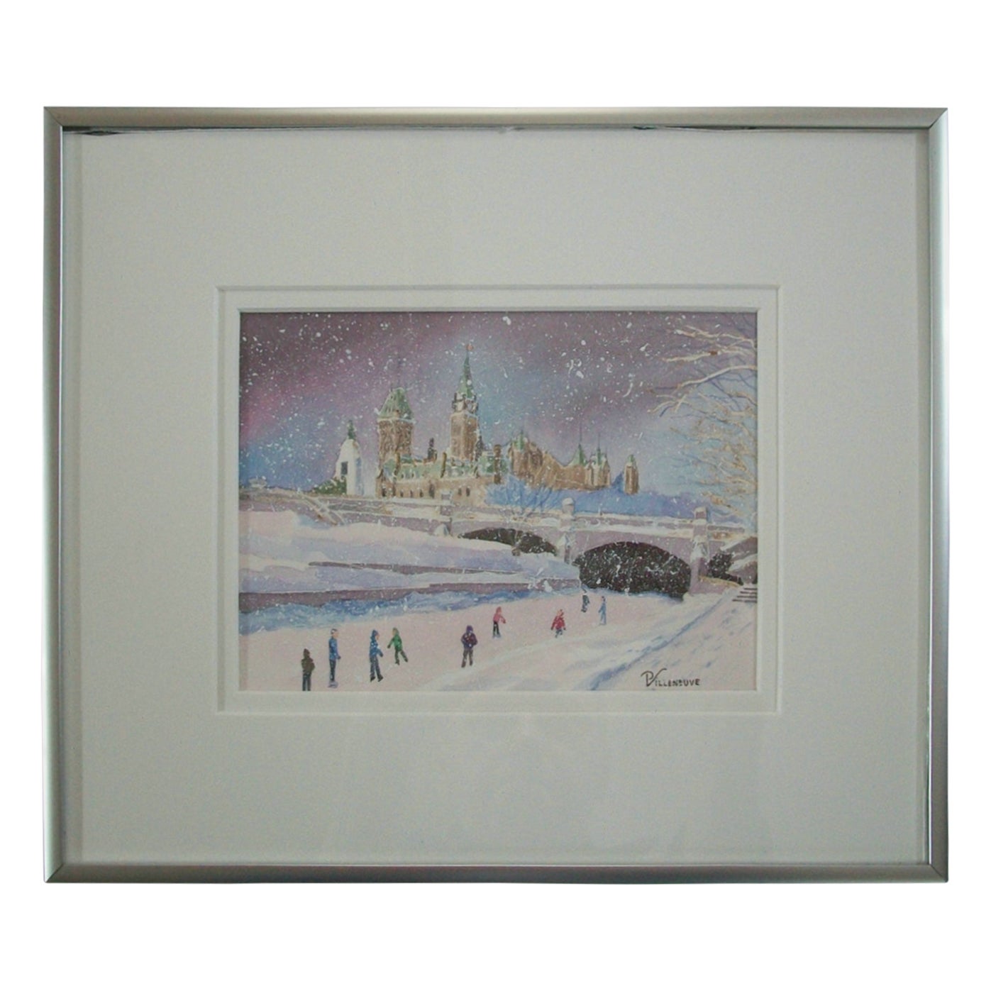 P. VILLENEUVE - 'Les Patineurs' - Framed Watercolor Painting - Canada - C.1993