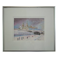 P. VILLENEUVE - 'Les Patineurs' - Framed Watercolor Painting - Canada - C.1993