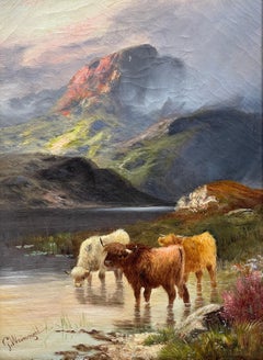 Antique Scottish Signed Oil Painting Highland Cattle beside Loch, framed