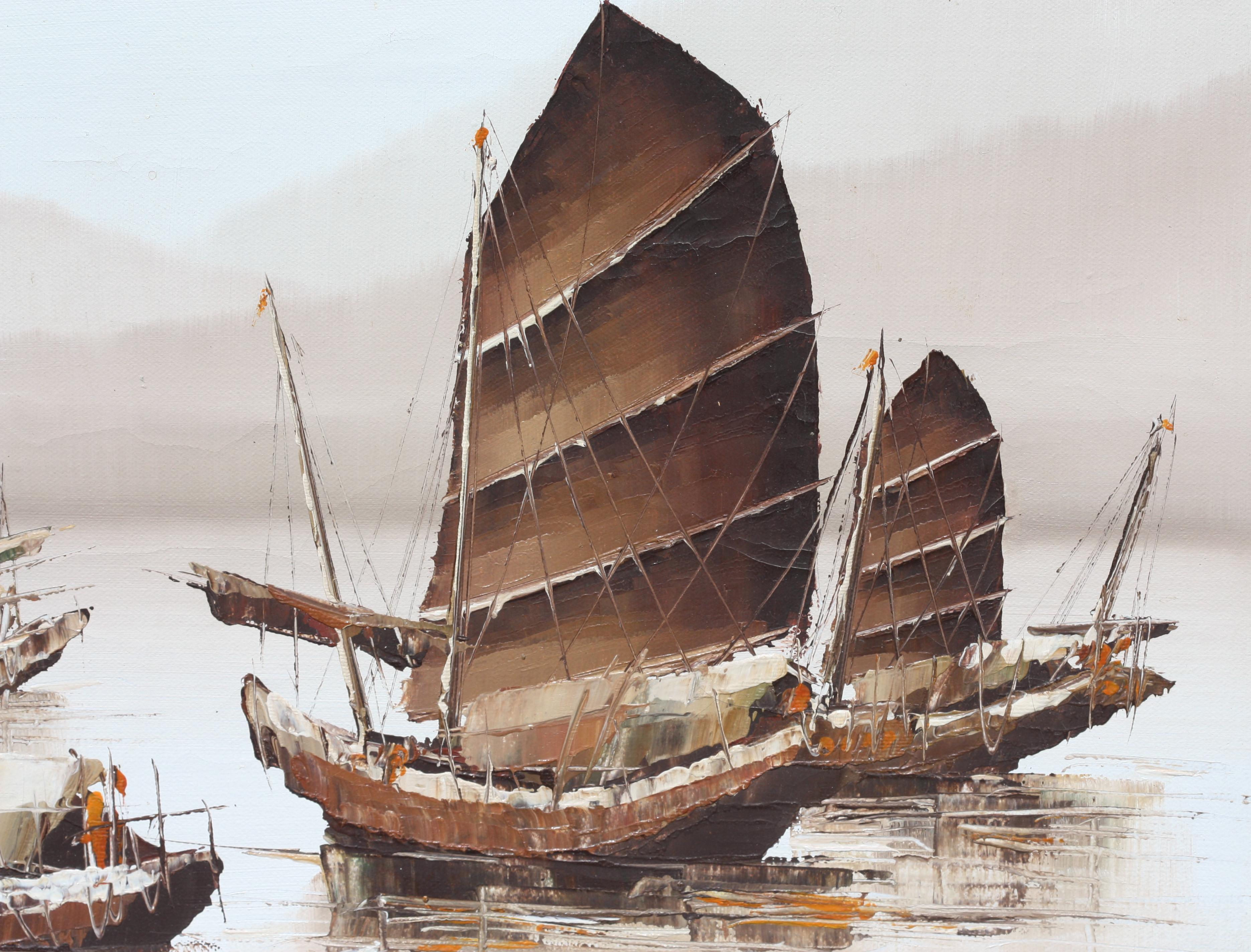 P. Wong, (Siglo XX, Escuela Asiática) Juncos chinos, acrílico sobre lienzo siglo XX en venta
