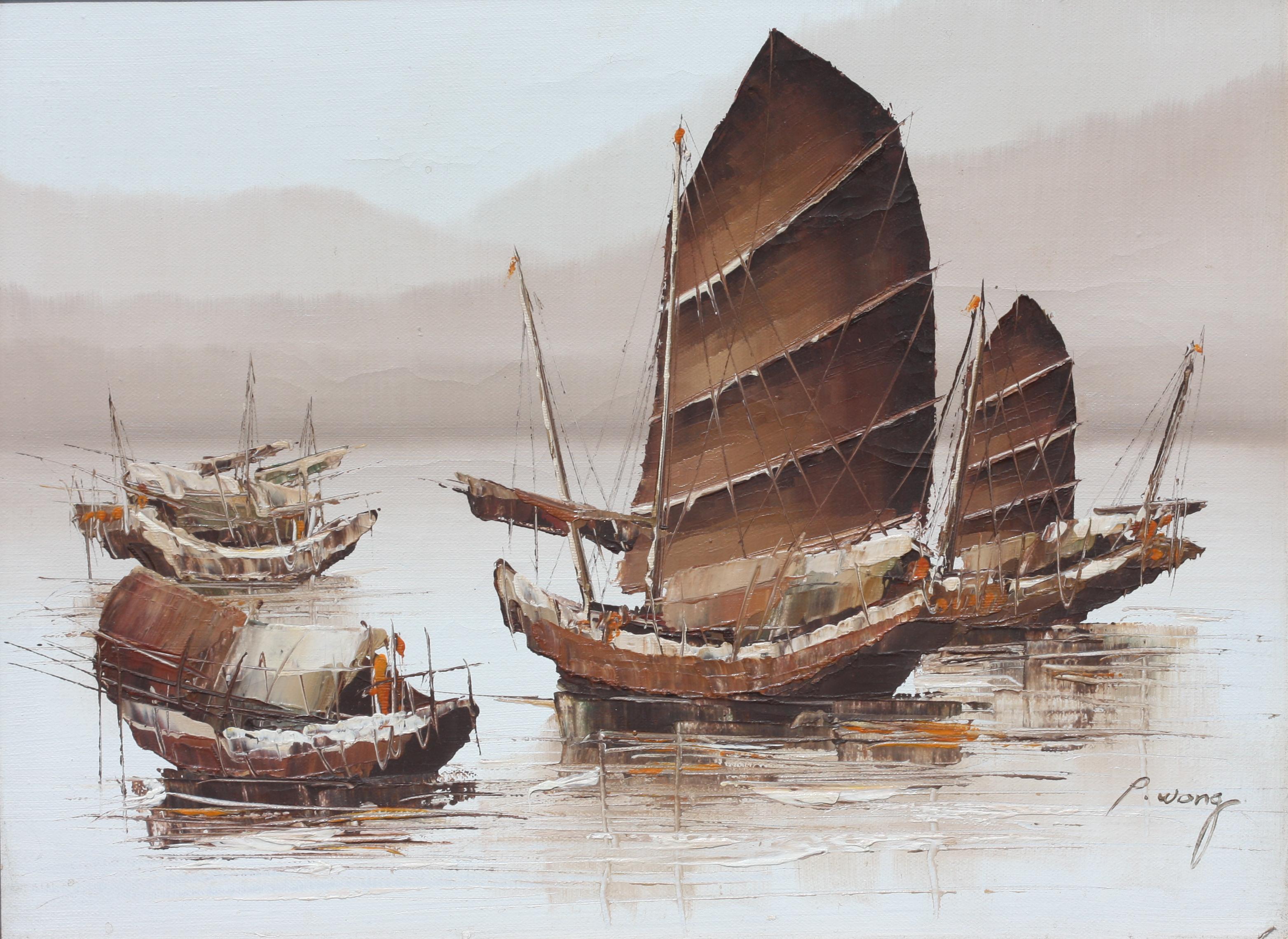 P. Wong, (Siglo XX, Escuela Asiática) Juncos chinos, acrílico sobre lienzo en venta 2