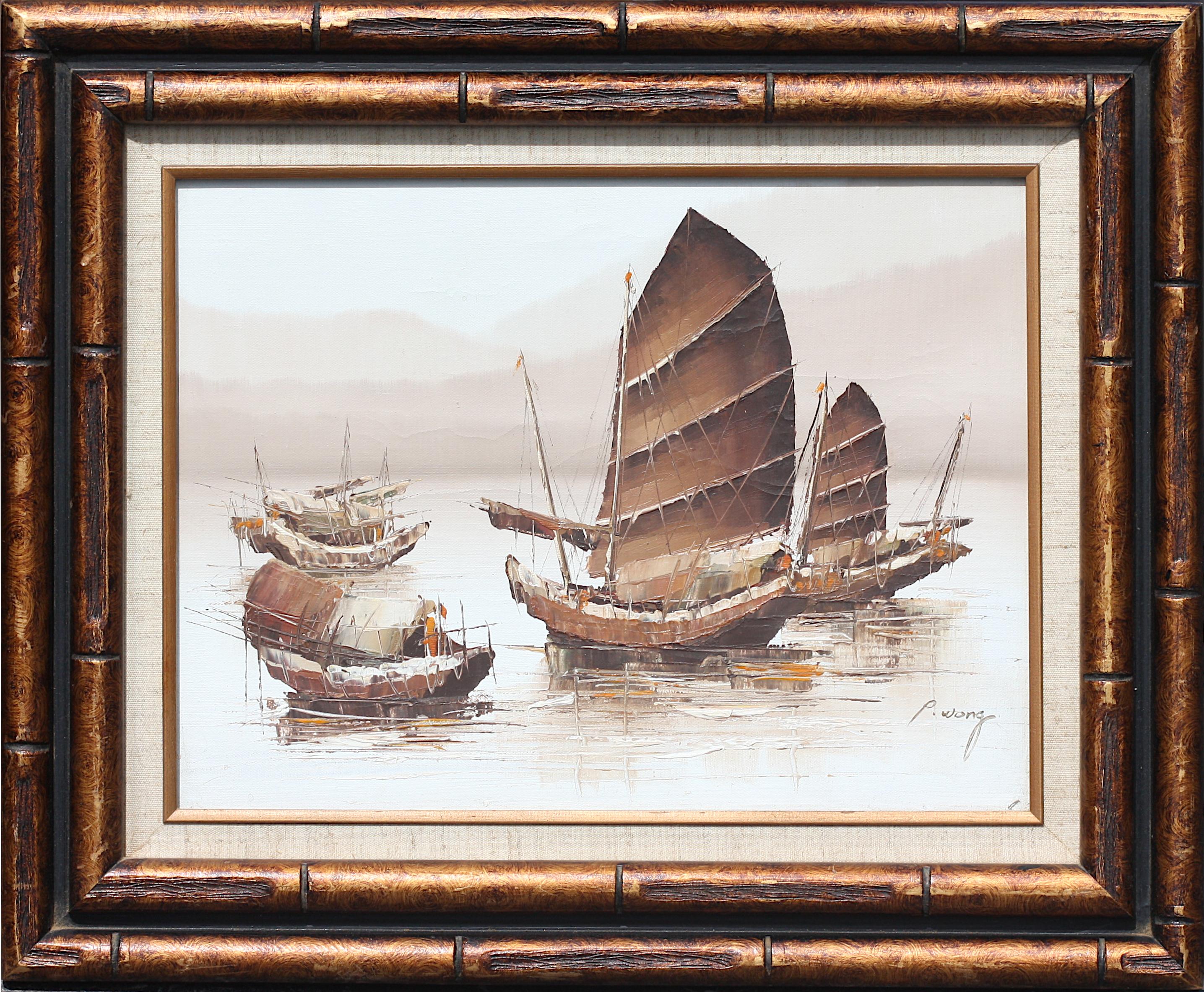 
P. Wong, (20th Century, Asian School)
Chinese Junks, acrylic on canvas, signed
11 1/2 by 15 1/2 in.
Overall 18 by 22 in.
Condition Report
Good condition.