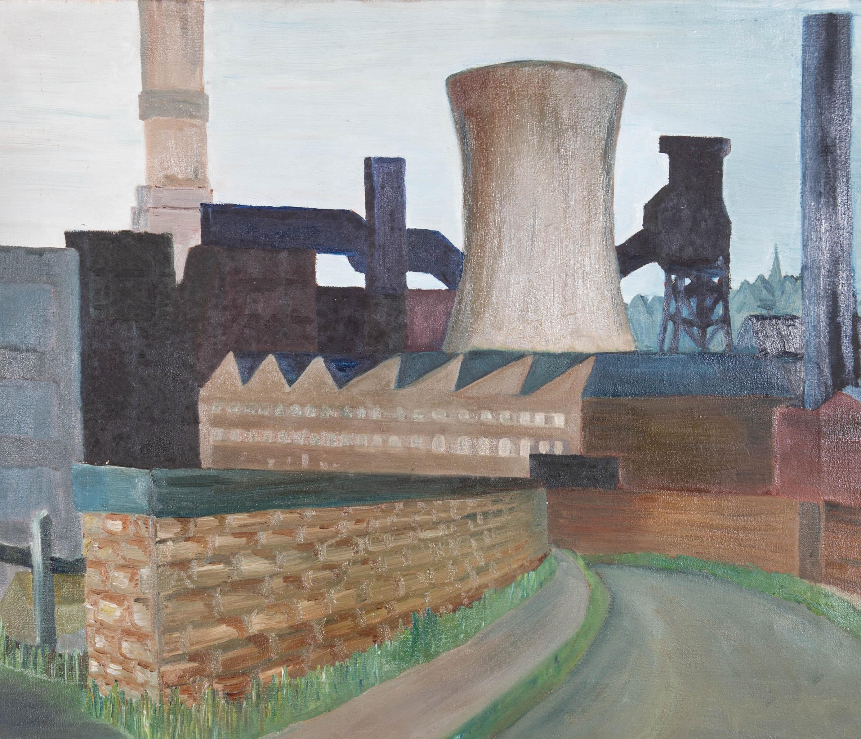 A bold and striking, modernist oil, showing the looming shapes of industrial buildings. The skewed sizes and perspectives add much dynamism to this attractively naive piece. The artist has signed to the reverse of the canvas. On canvas.
