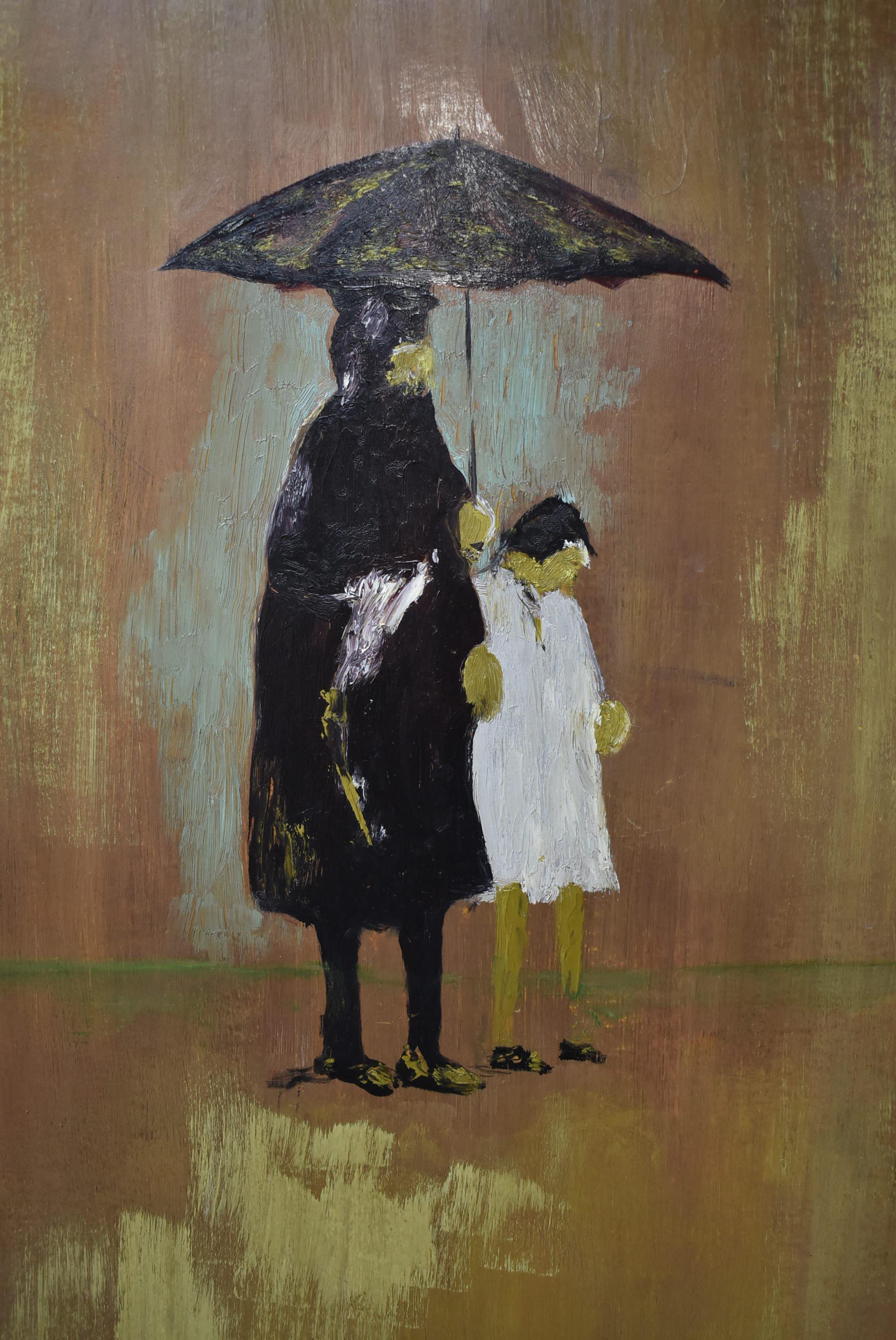 P. Zazzetta impressionistic oil of a lady with child under umbrella. New custom frame in tones of bronze, gold, copper and green. Very nice condition. Painting is on board. Image size measures at 18.88