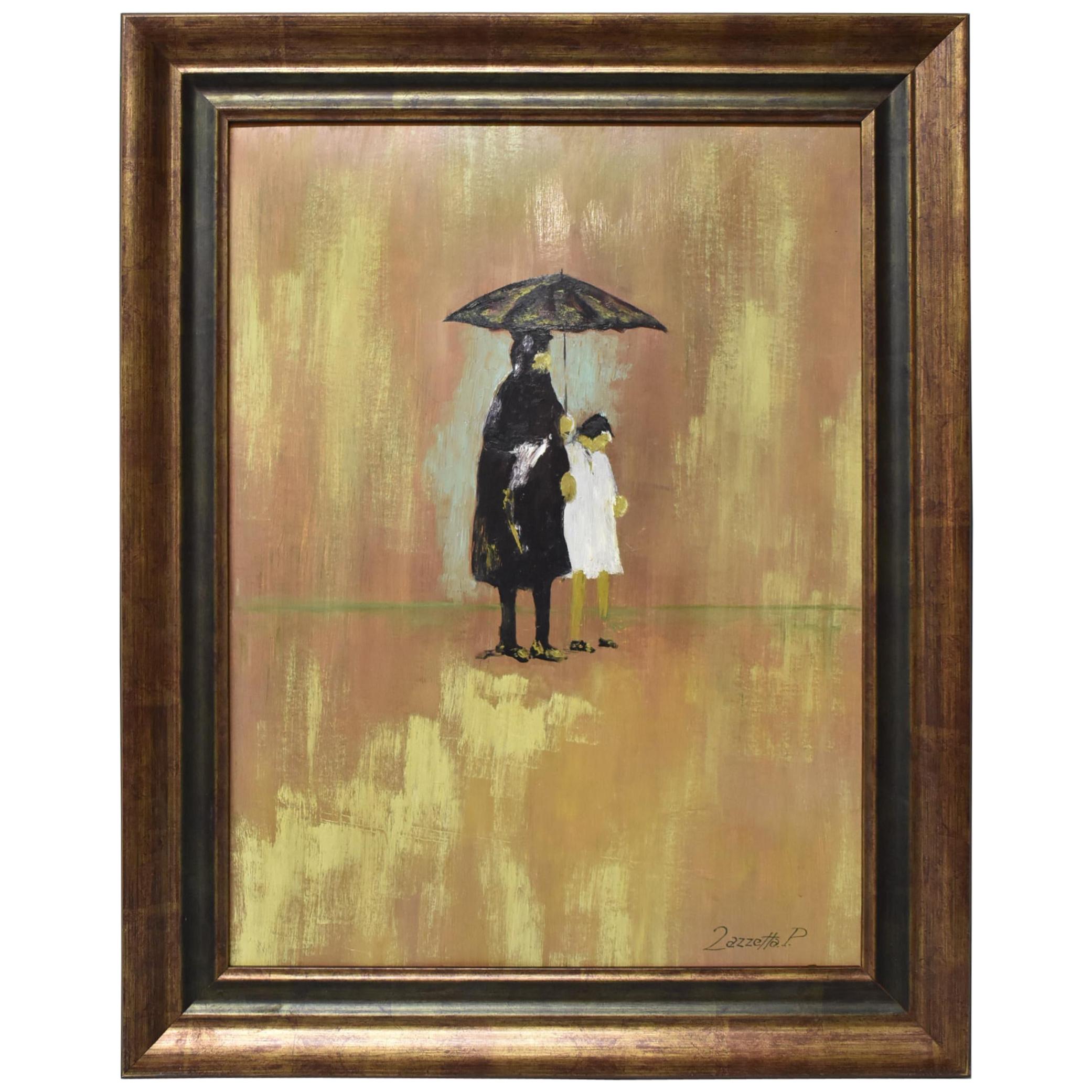 P. Zazzetta Impressionistic Oil Lady and Child under Umbrella