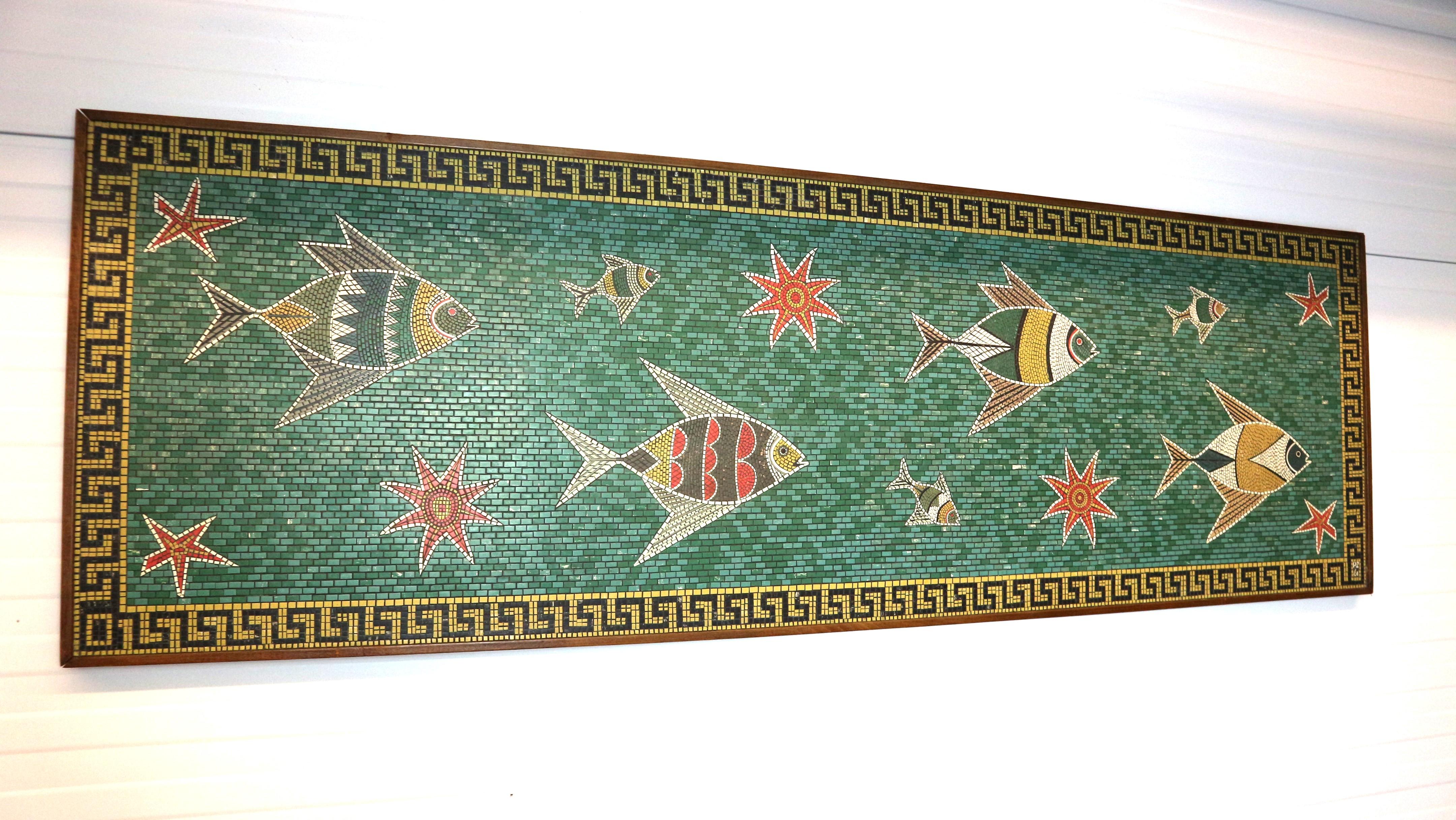 Mid-Century Modern P. Zwier Fish wall art mosaic, vinyl on wood 1960s Netherlands For Sale