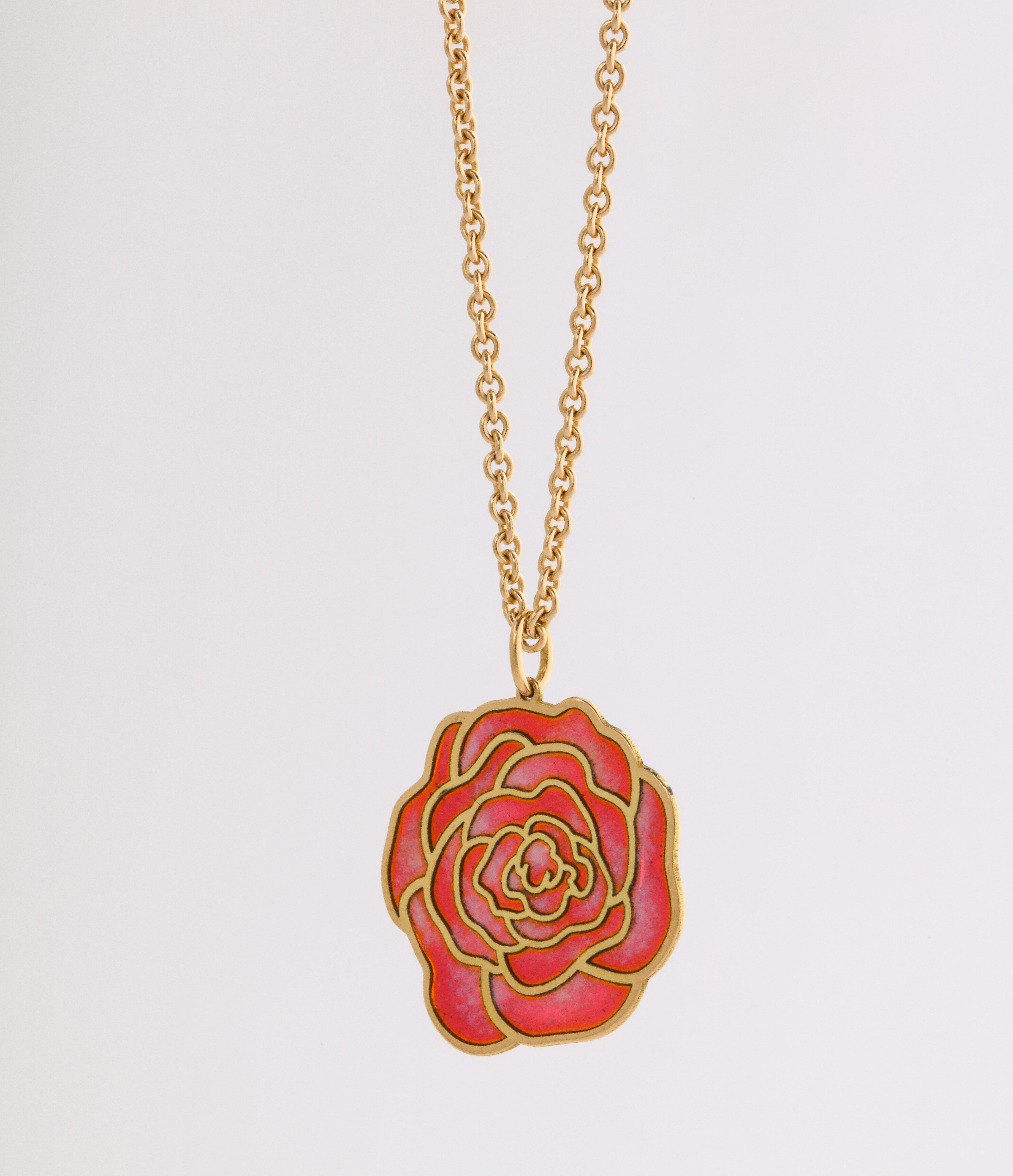 French Plique-a-jour Enameled 18k Gold Rose Pendant, Paris In New Condition For Sale In St. Catharines, ON