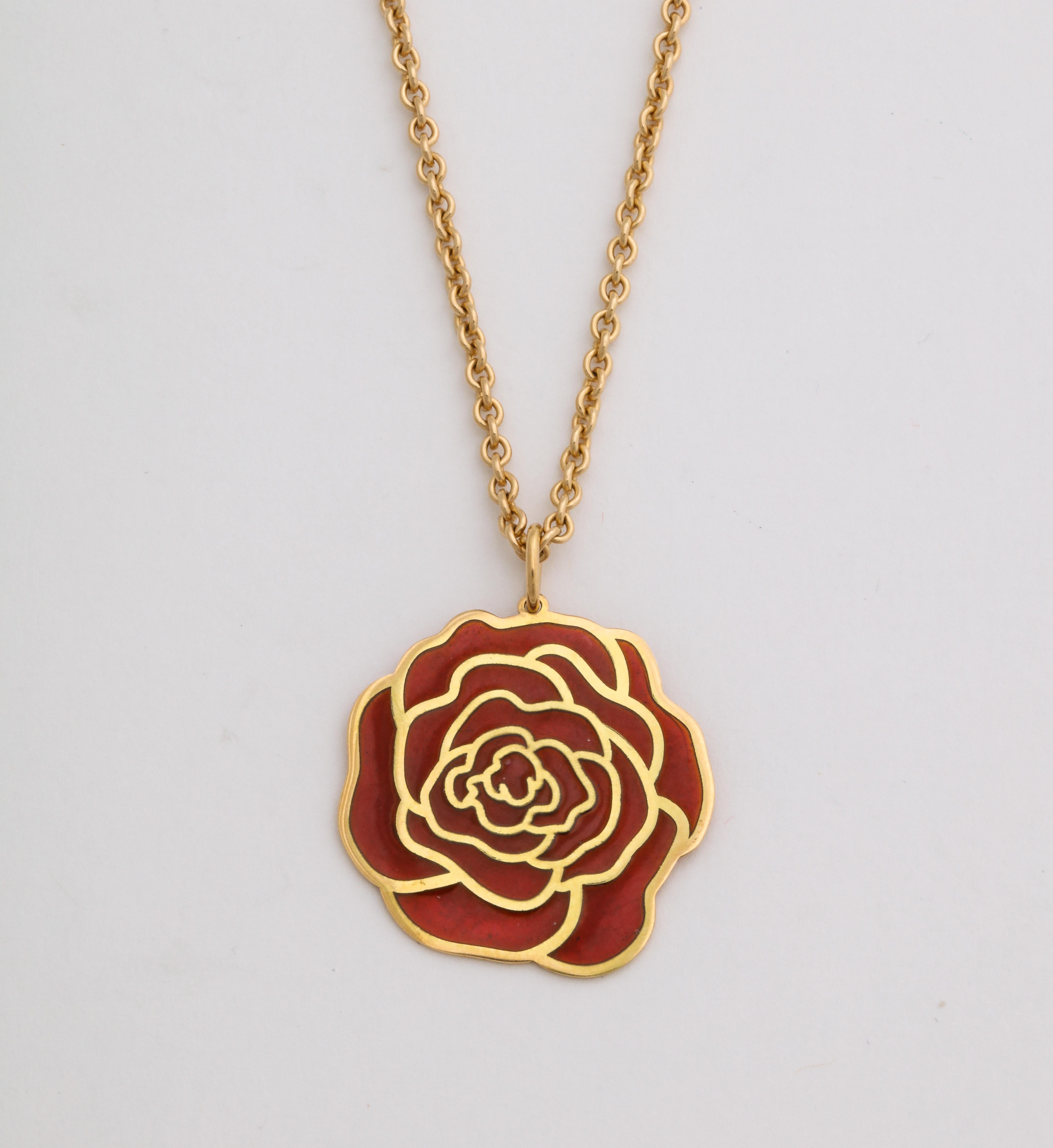 Women's or Men's French Plique-a-jour Enameled 18k Gold Rose Pendant, Paris For Sale