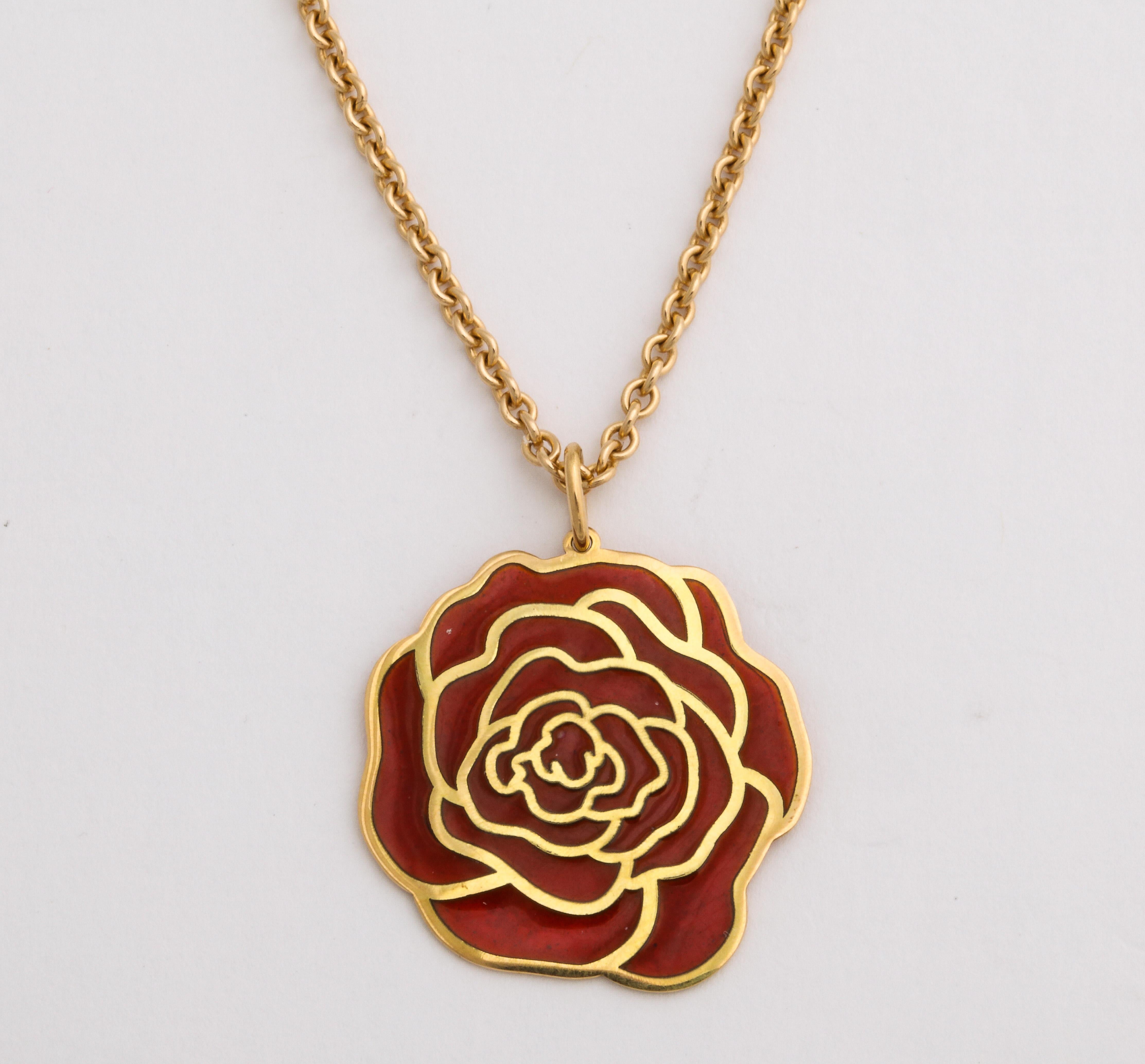 French Plique-a-jour Enameled 18k Gold Rose Pendant, Paris For Sale 2