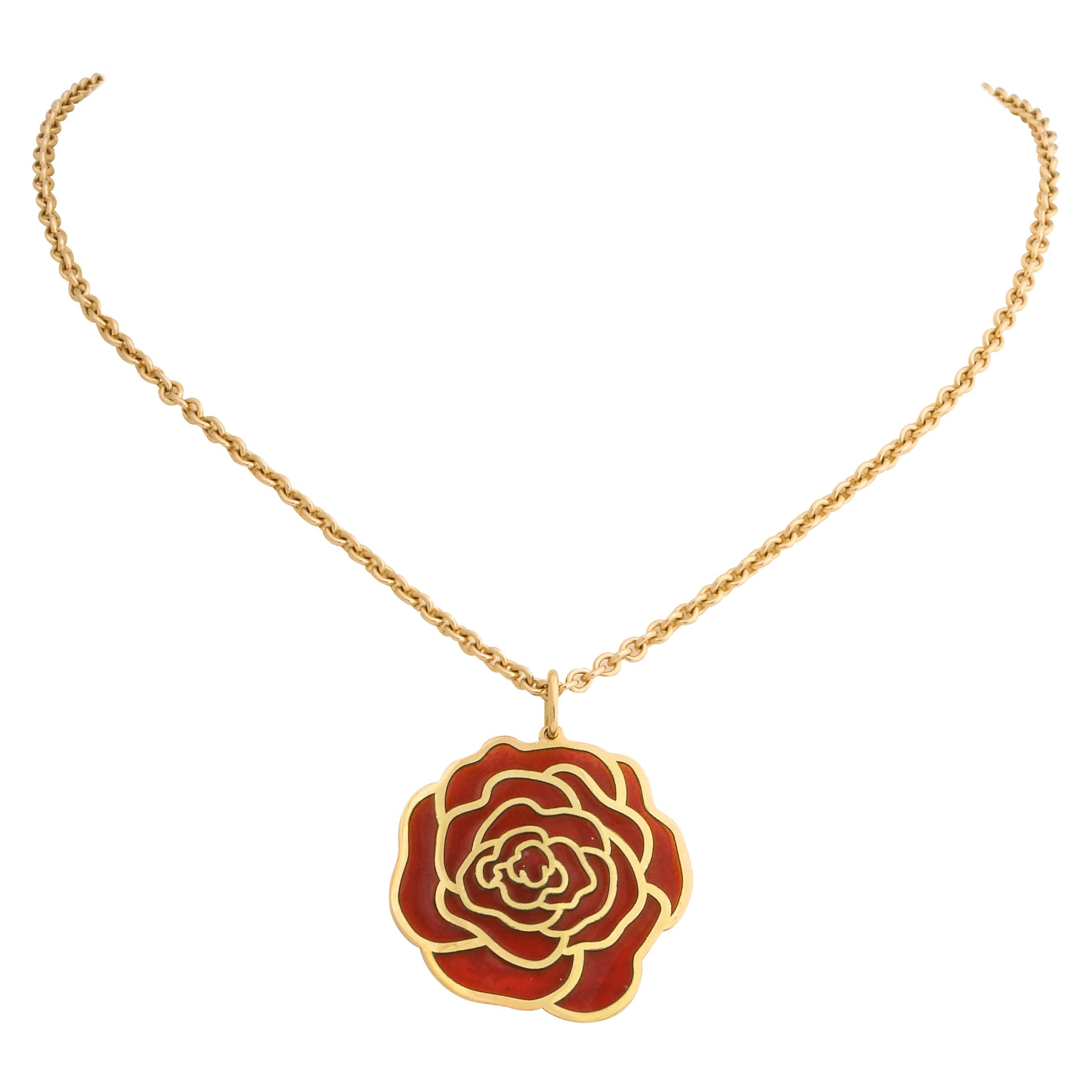 French Plique-a-jour Enameled 18k Gold Rose Pendant, Paris For Sale