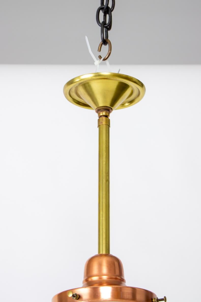 Brass P309 Milk Glass and Copper Art Deco Skyscraper Pendant Light For Sale
