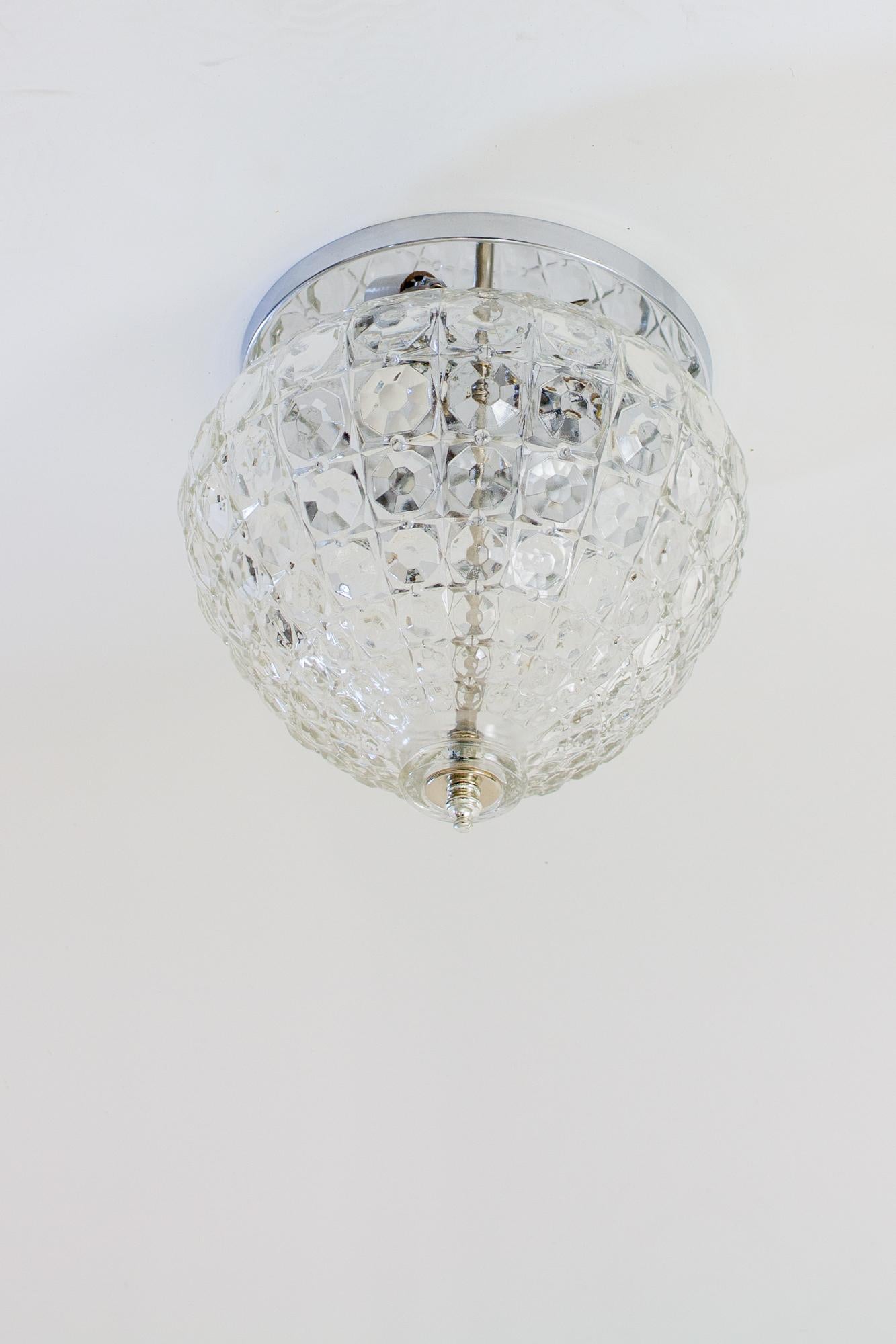 P326 Mid-20th Century Crystalline Glass Flush Mount Fixture In Good Condition For Sale In Canton, MA