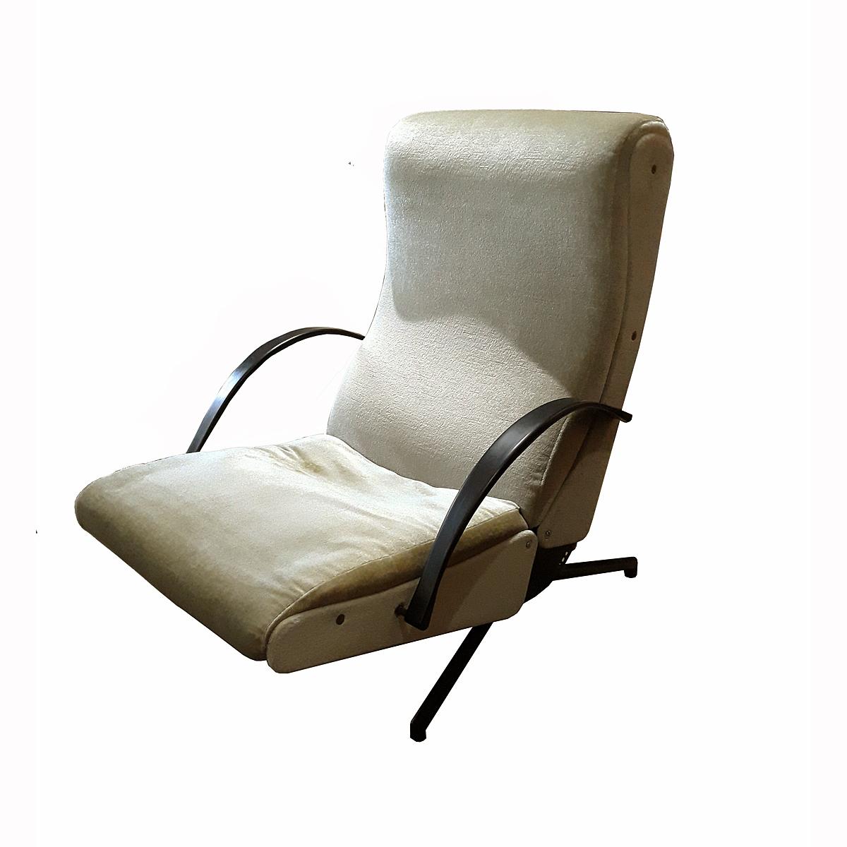 P40 reclining chair by Osvaldo Borsani for Tecno, Italy, 1955. 
Mid-Century Modern design. Reupholstered in light green Mohair. Original brass mechanism and tubular feet. Original Tecno label embedded. 
Does not include a footrest. 

Fully