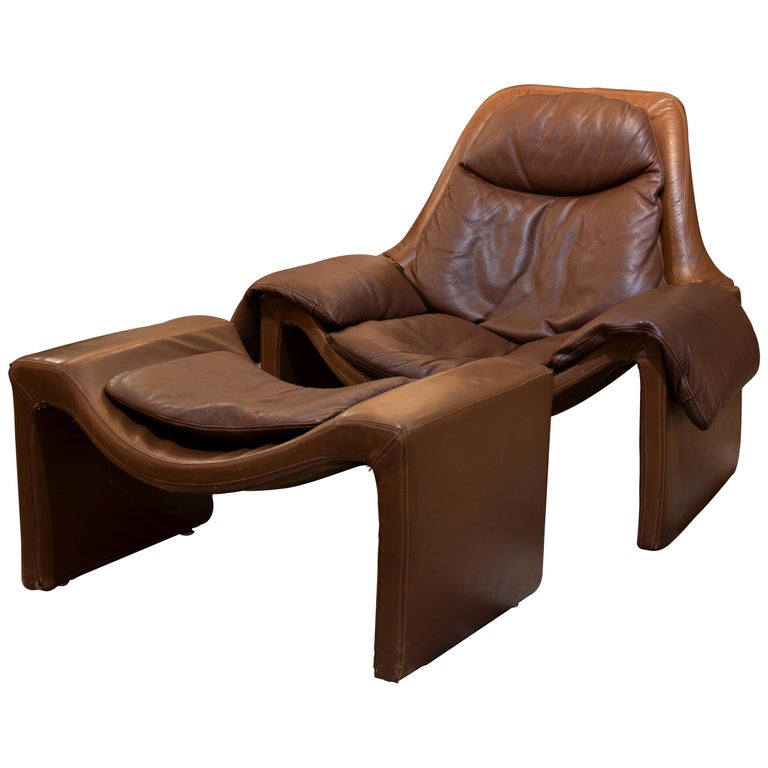 P60 Leather Armchair and Footstool by v. Introini for Saporiti, Italy
