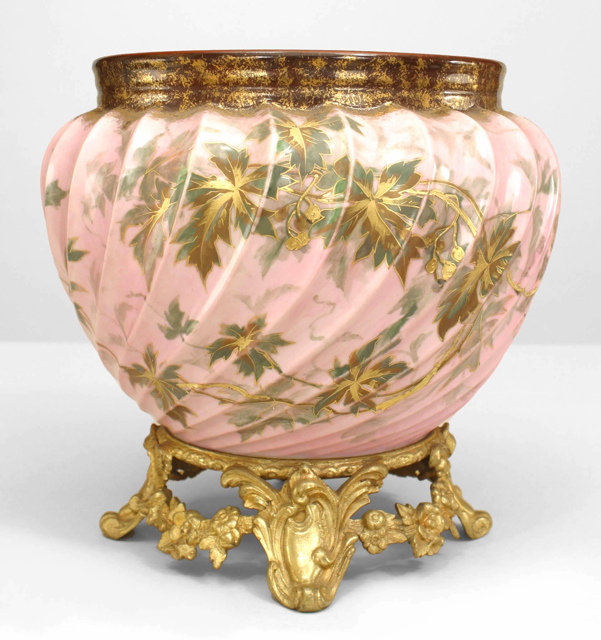 Pair of French Victorian-style (19/20th Century) pink and white porcelain floral fluted design cachepots with gilt bronze base. Signed G.D.& Cie Limoges (PRICED AS Pair)
