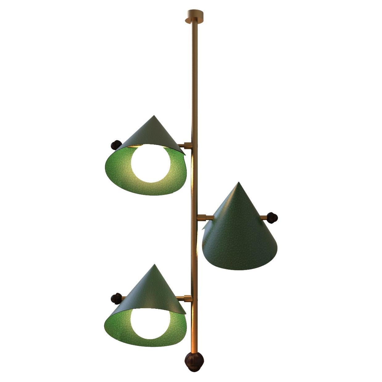 3 Module Alternate Paan Hanging Lamp with Leather and Brass For Sale