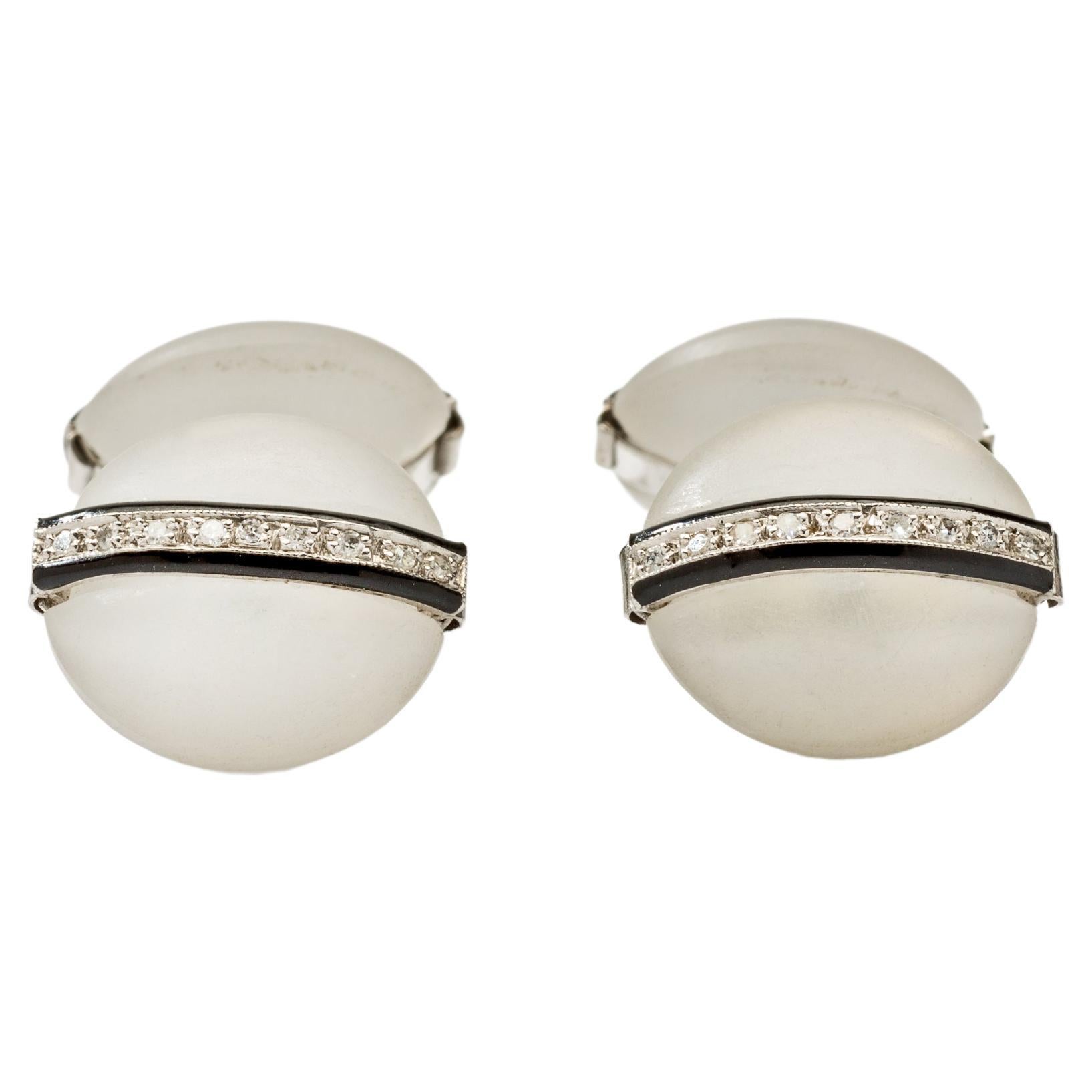 Pair Of Rock Crystal Enamel White Gold Cufflinks For Sale