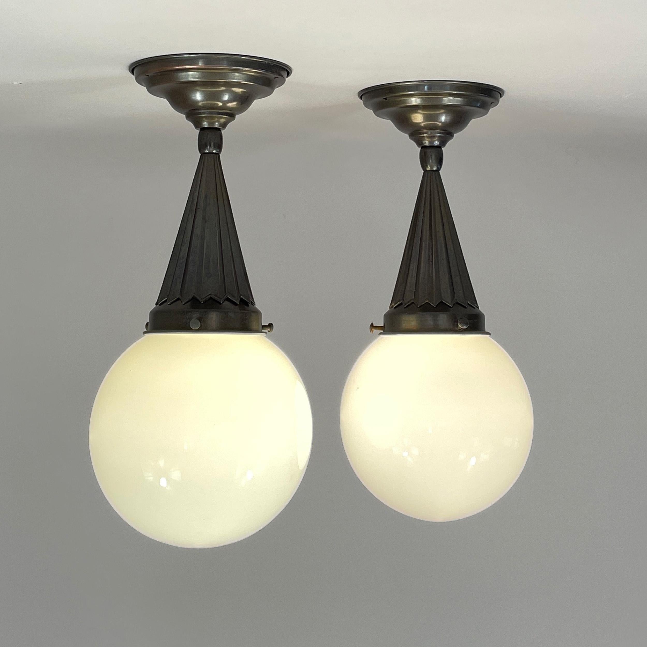 Pair Opaline Glass & Burnished Brass Flush Mounts, Sweden 1940s For Sale 6