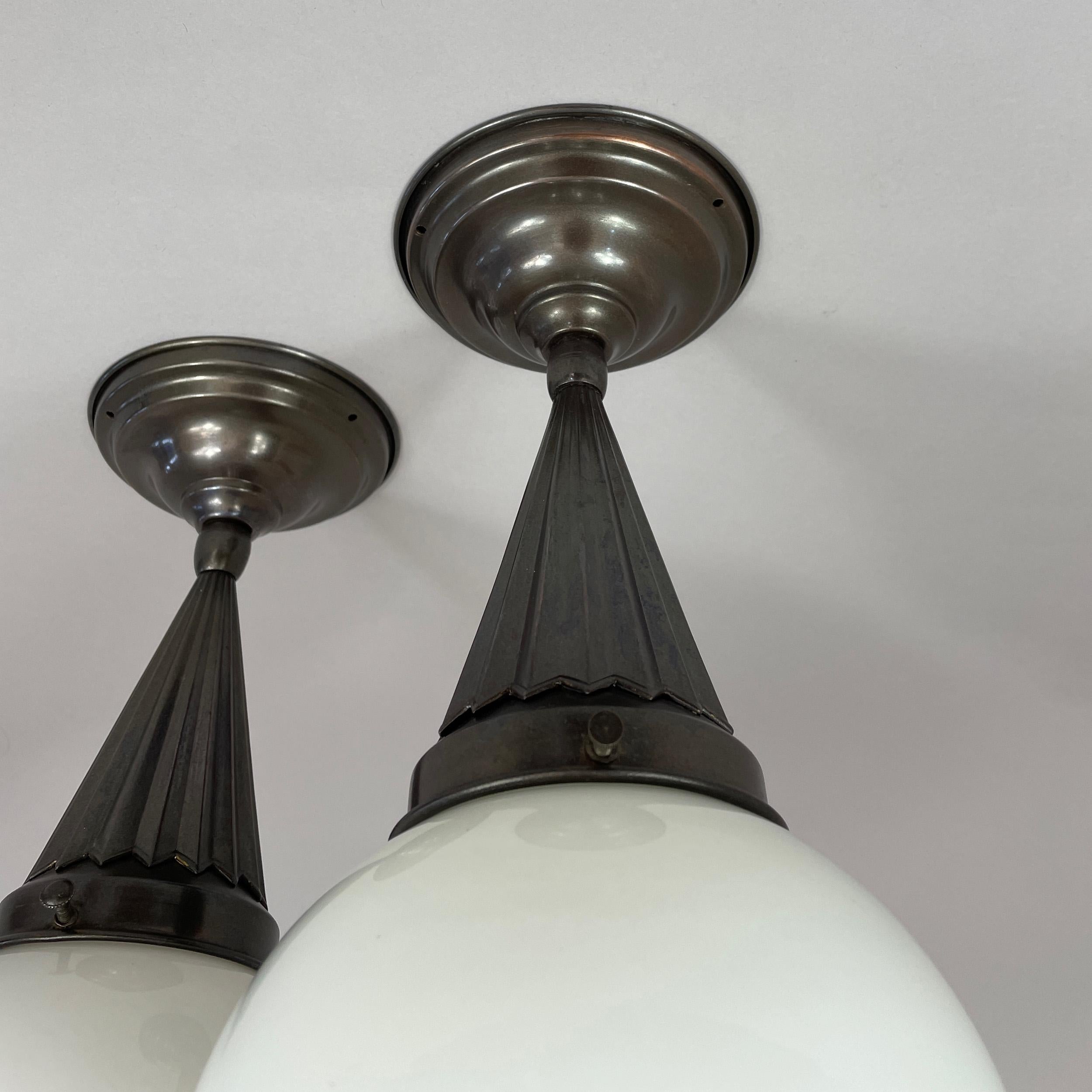 Pair Opaline Glass & Burnished Brass Flush Mounts, Sweden 1940s For Sale 7