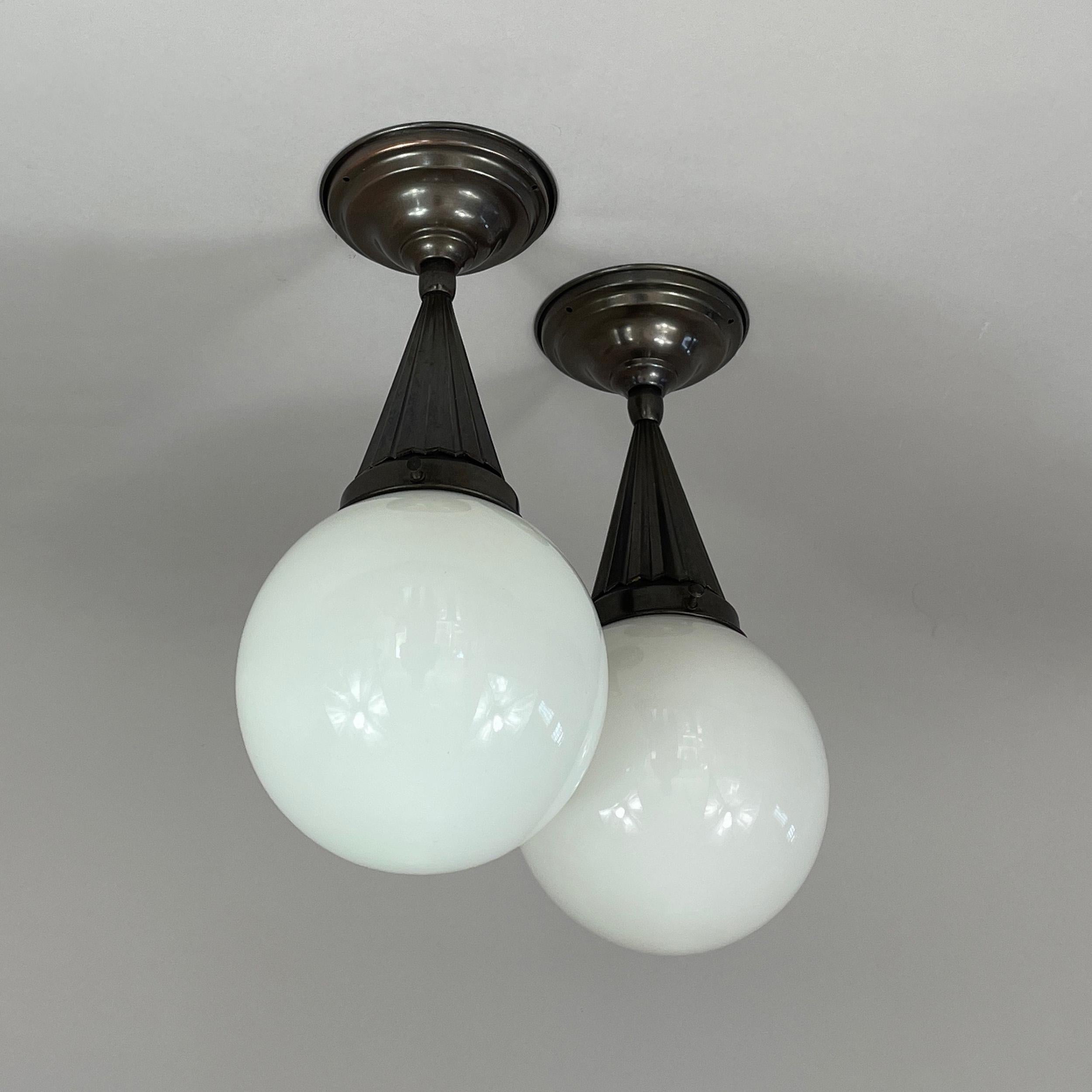Pair Opaline Glass & Burnished Brass Flush Mounts, Sweden 1940s For Sale 8