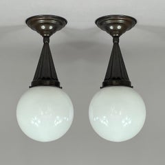 Pair Opaline Glass & Burnished Brass Flush Mounts, Sweden 1940s