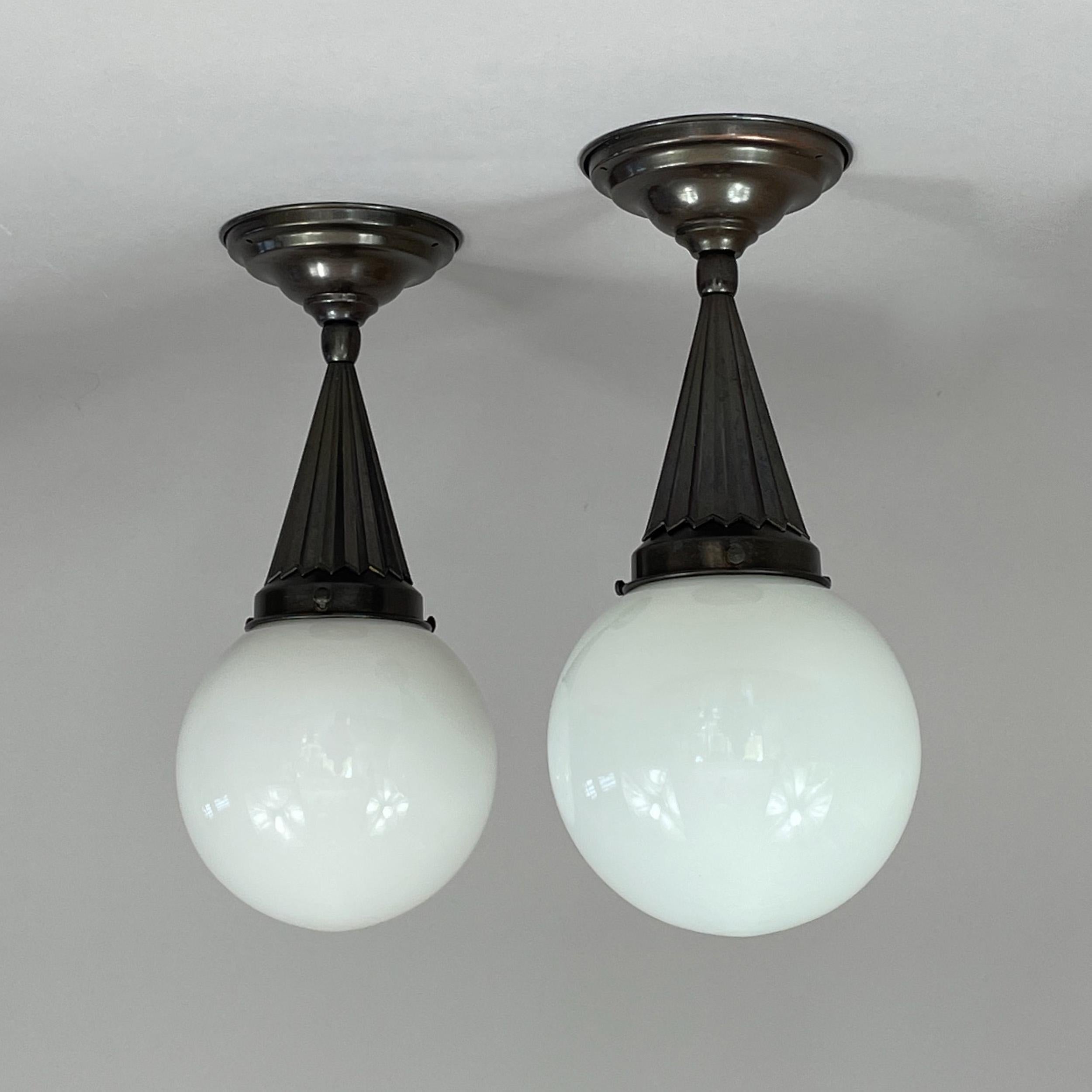 Pair Opaline Glass & Burnished Brass Flush Mounts, Sweden 1940s In Good Condition For Sale In NUEMBRECHT, NRW