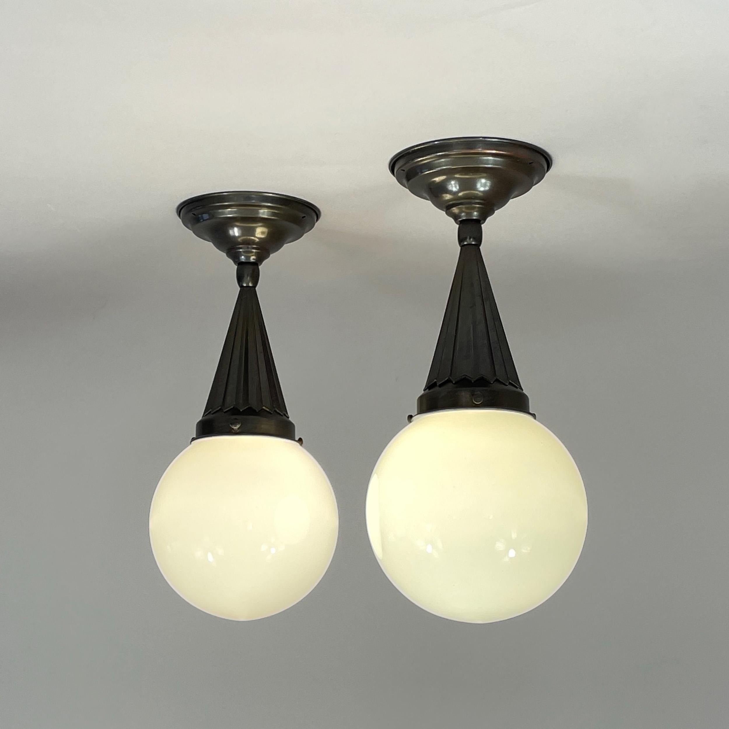 Mid-20th Century Pair Opaline Glass & Burnished Brass Flush Mounts, Sweden 1940s For Sale