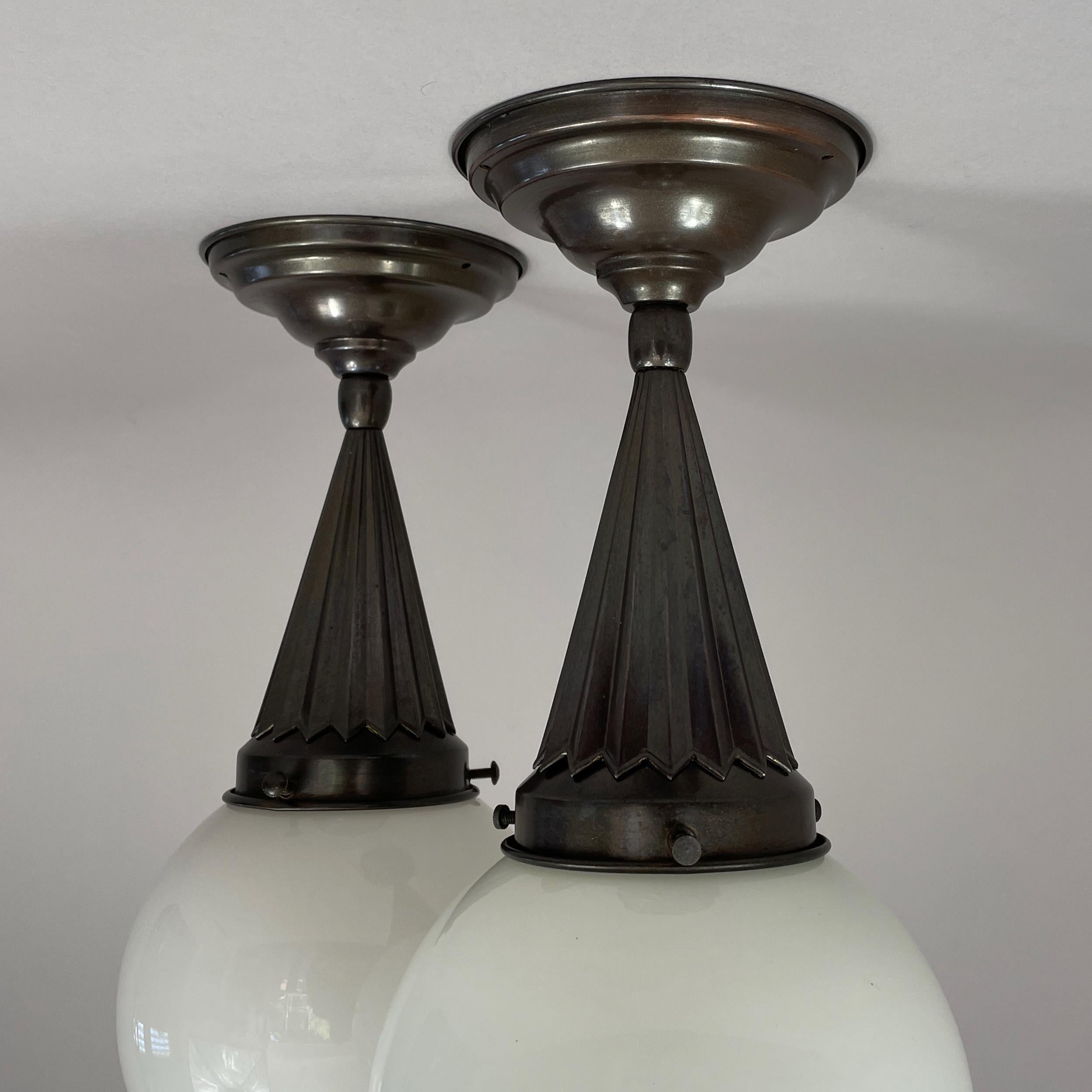 Pair Opaline Glass & Burnished Brass Flush Mounts, Sweden 1940s For Sale 1