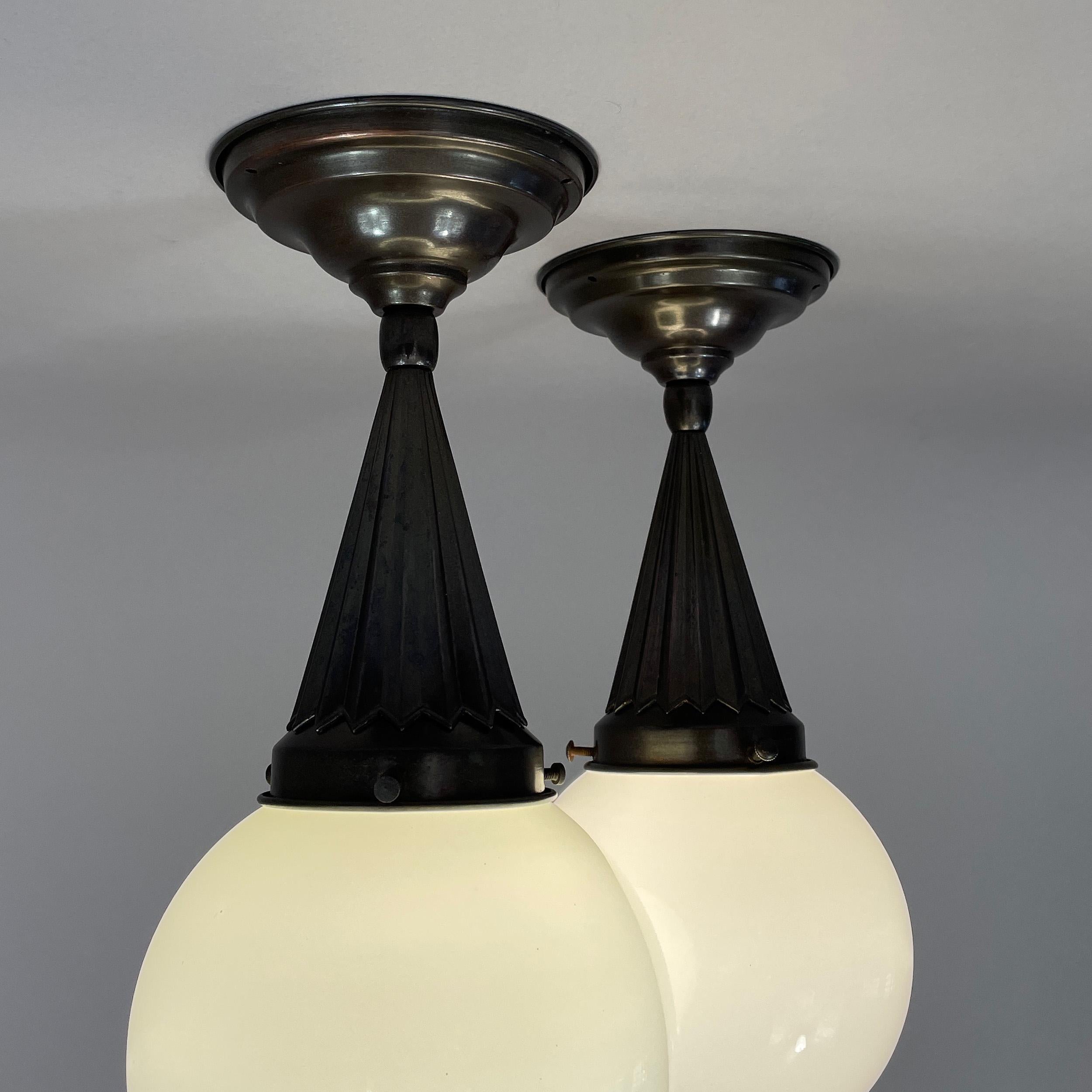 Pair Opaline Glass & Burnished Brass Flush Mounts, Sweden 1940s For Sale 2