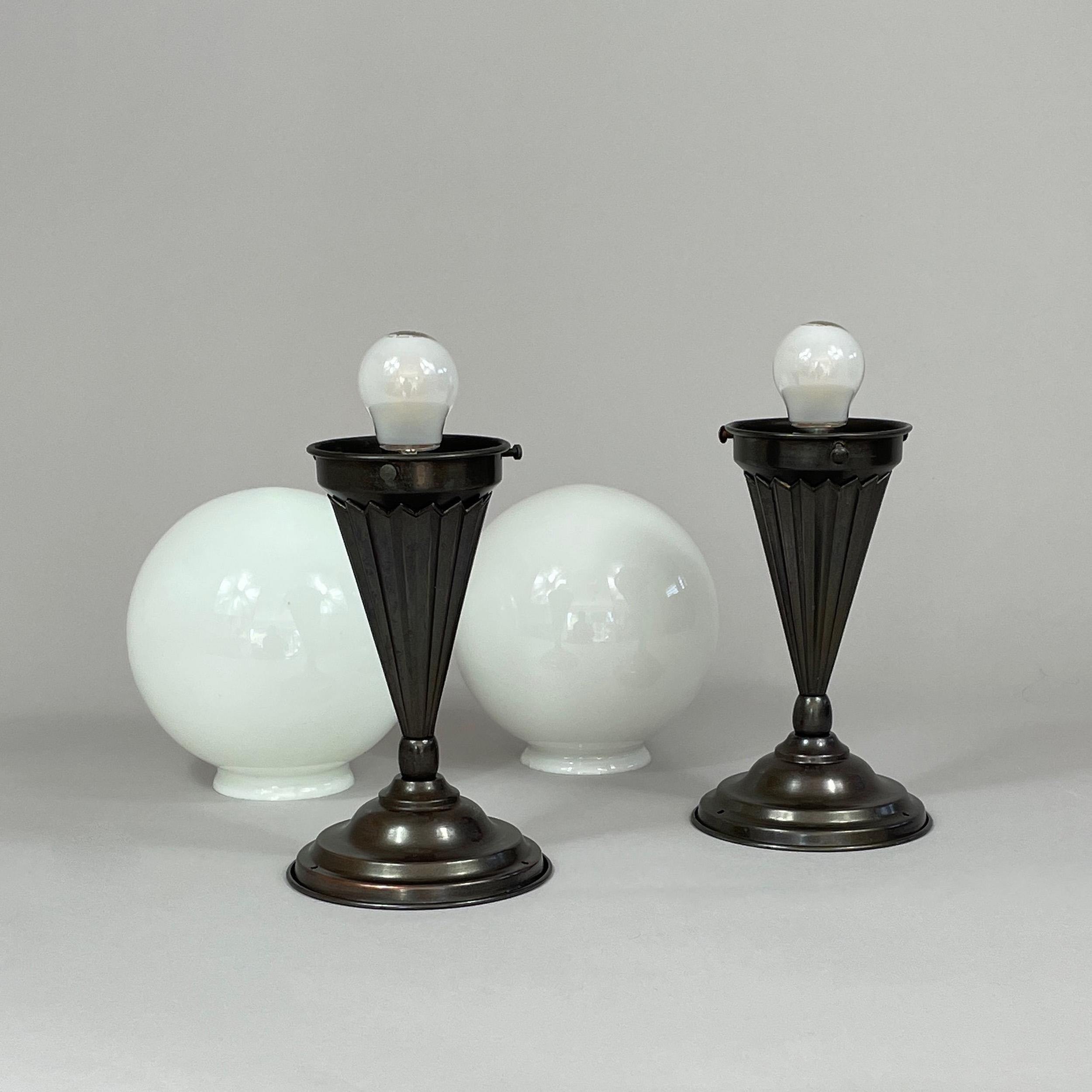 Pair Opaline Glass & Burnished Brass Flush Mounts, Sweden 1940s For Sale 3
