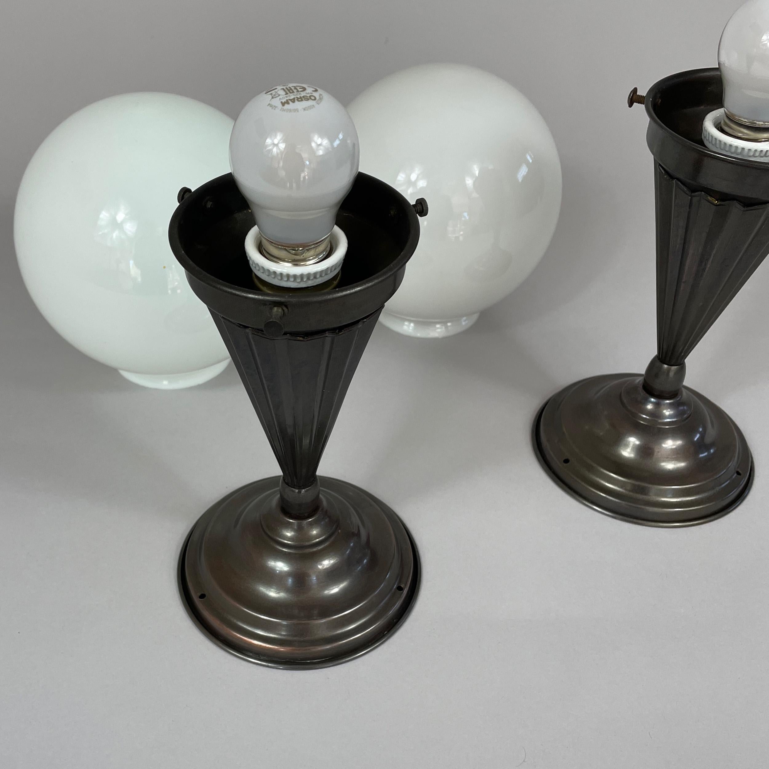 Pair Opaline Glass & Burnished Brass Flush Mounts, Sweden 1940s For Sale 4