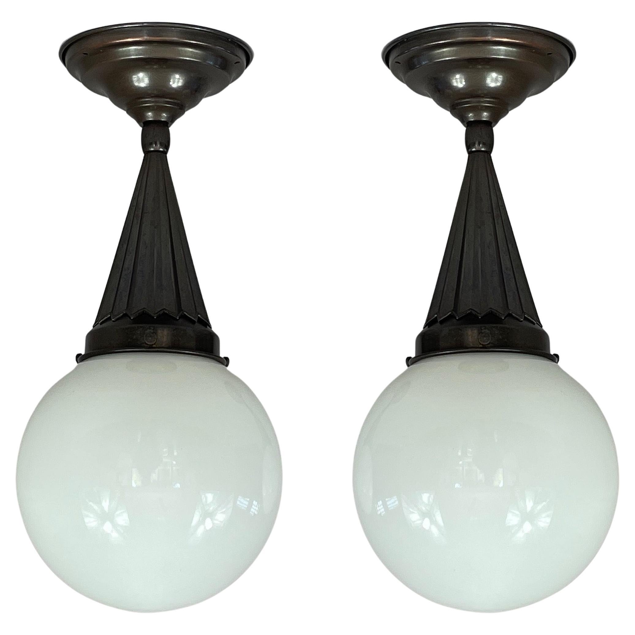 Pair Opaline Glass & Burnished Brass Flush Mounts, Sweden 1940s For Sale