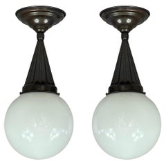 Paar Opaline Glass & Burnished Brass Flush Mounts, Sweden 1940s