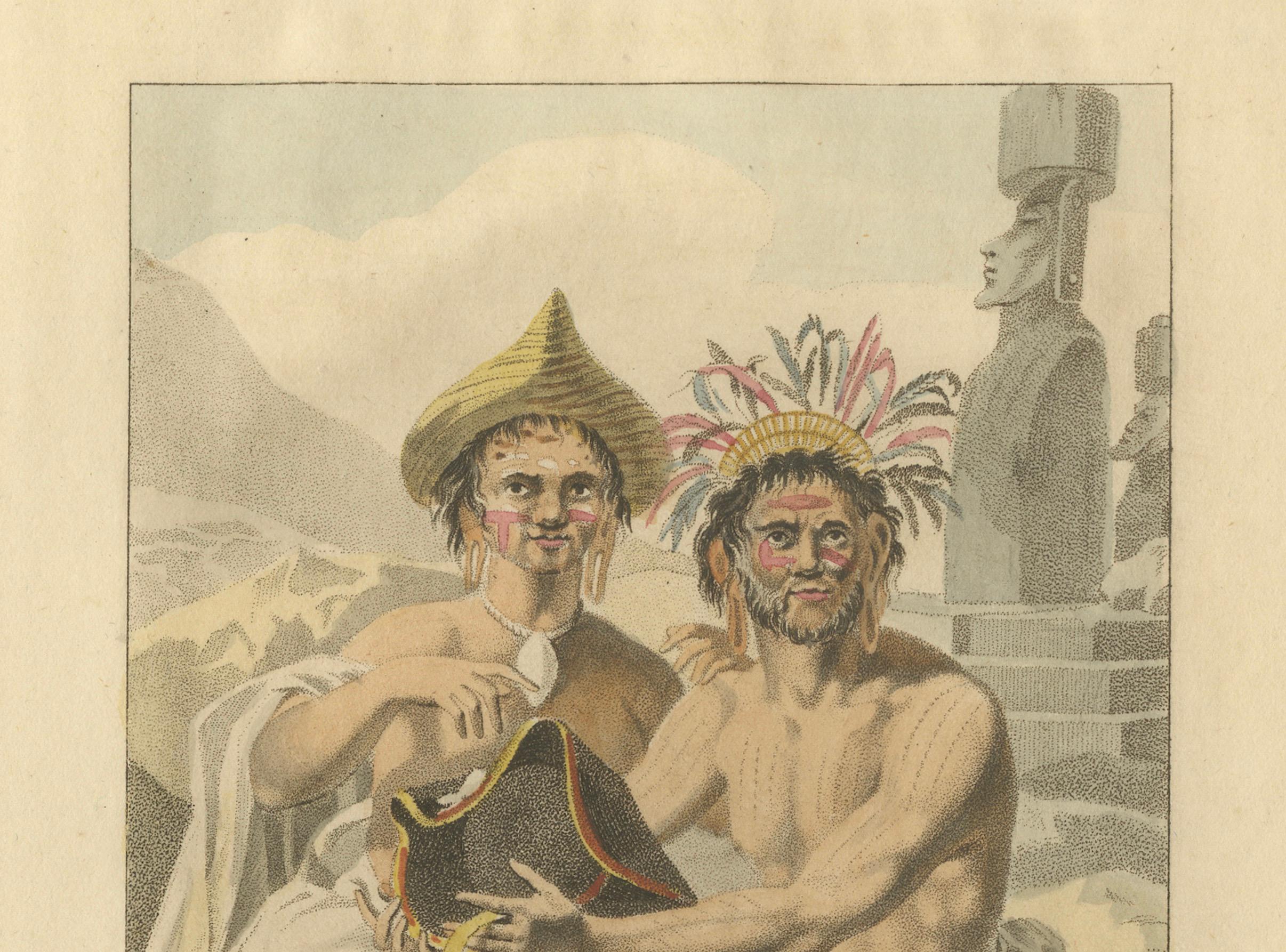 Paasch-Eilanders - Antiker Kupferstich der Osterinsel / Rapa Nui Figuren, um 1800 (Niederländisch) im Angebot