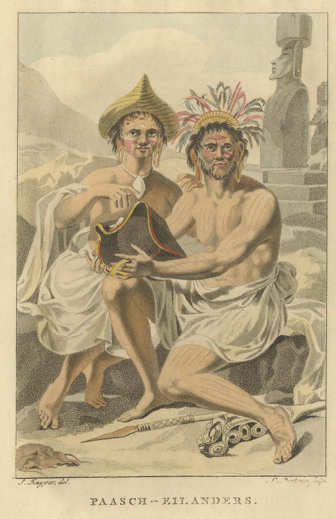 Paasch-Eilanders - Antiker Kupferstich der Osterinsel / Rapa Nui Figuren, um 1800 (Graviert) im Angebot