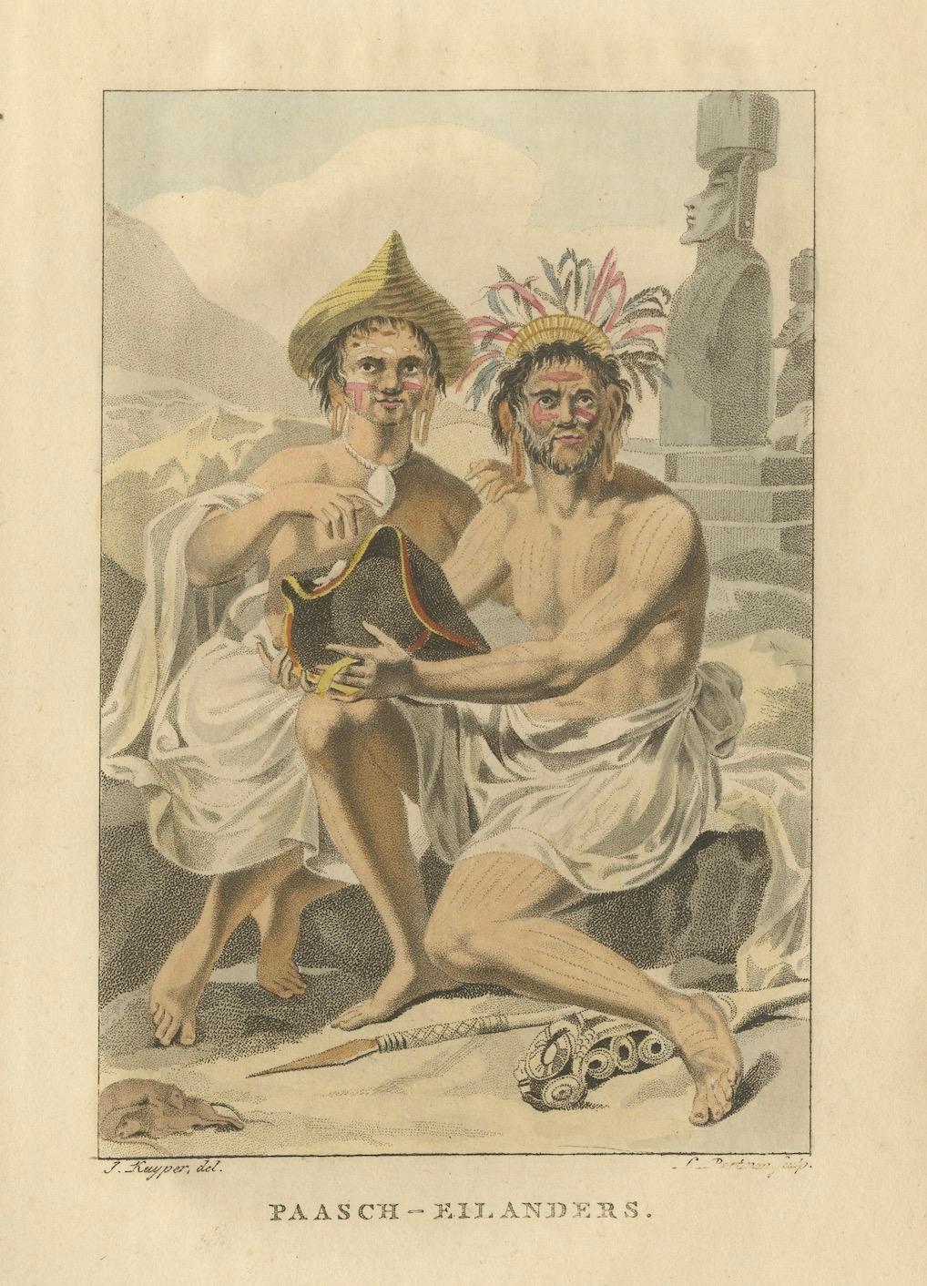 Paasch-Eilanders - Antiker Kupferstich der Osterinsel / Rapa Nui Figuren, um 1800 im Zustand „Gut“ im Angebot in Langweer, NL