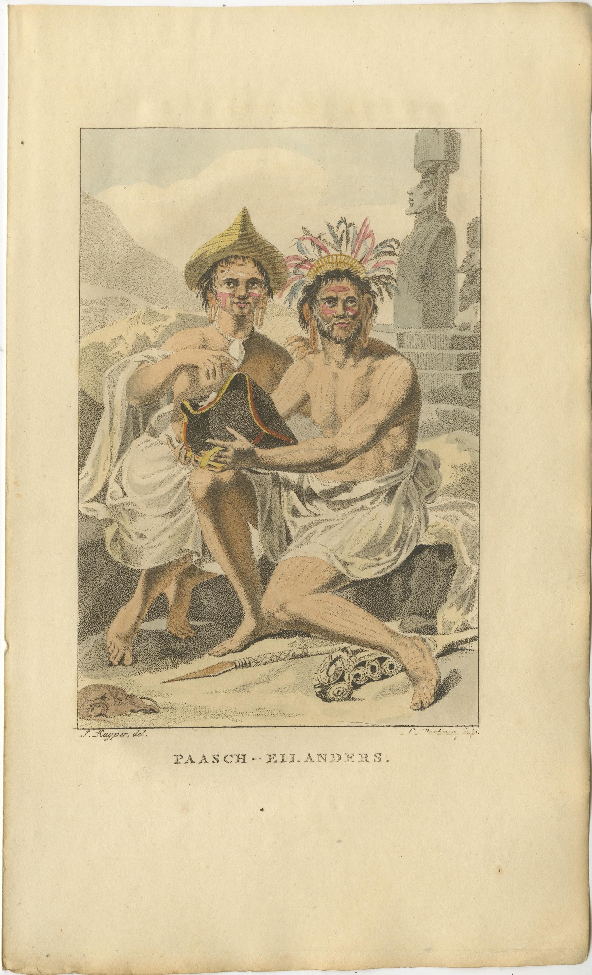 Paasch-Eilanders - Antiker Kupferstich der Osterinsel / Rapa Nui Figuren, um 1800 (19. Jahrhundert) im Angebot